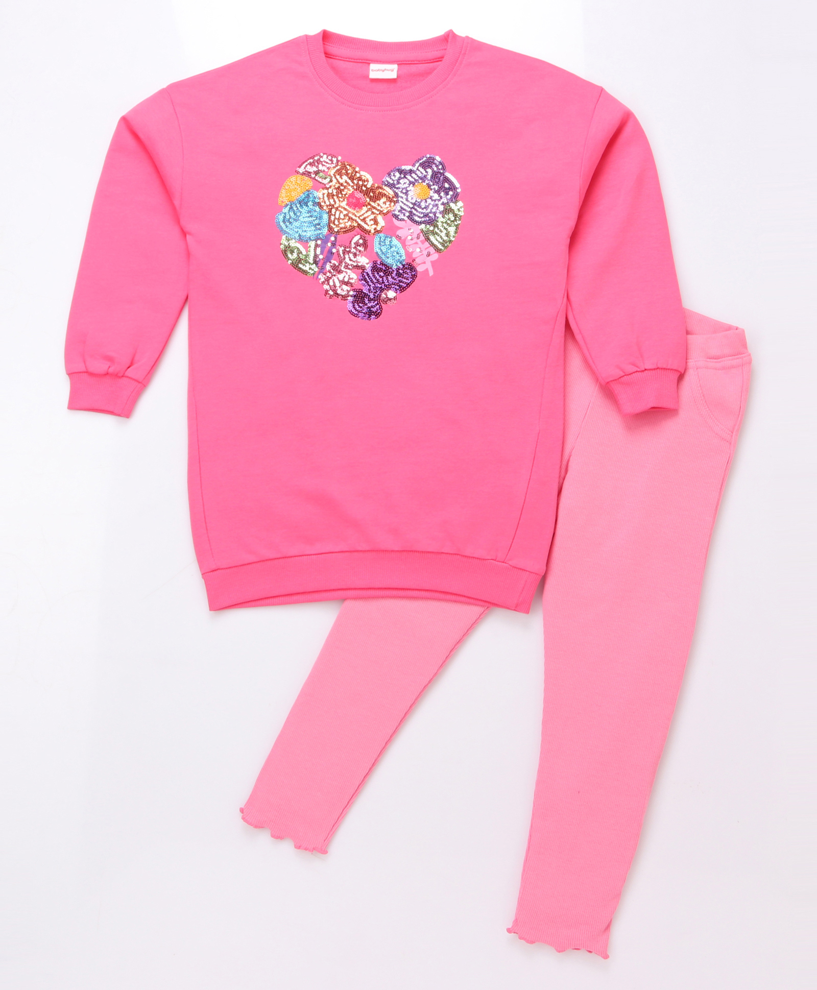 Babyhug Oversized Terry Knit Full Sleeves Sequined Heart Embroidered Tunic Sweatshirt & Rib Legging Set - Dark Pink-picture-19