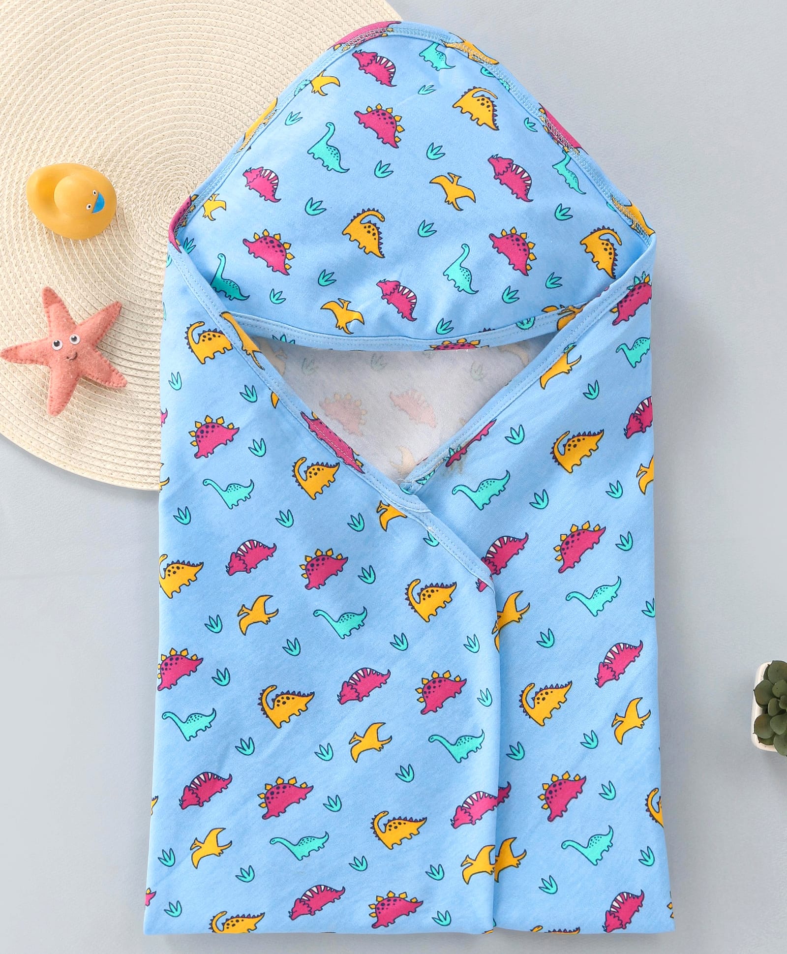 Babyhug Cotton Knit Hooded Wrapper with Dino Print L 76 x 76 cm - Light Blue-image-45