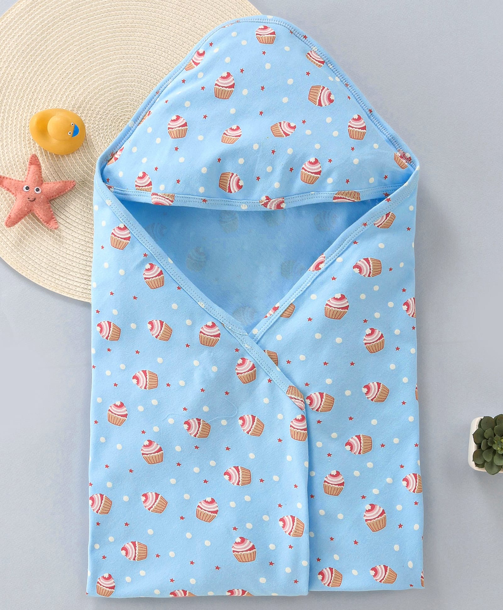 Babyhug Cotton Interlock Cupcake Print Hooded Wrapper L 74 x B 71 cm - Light Blue-image-2
