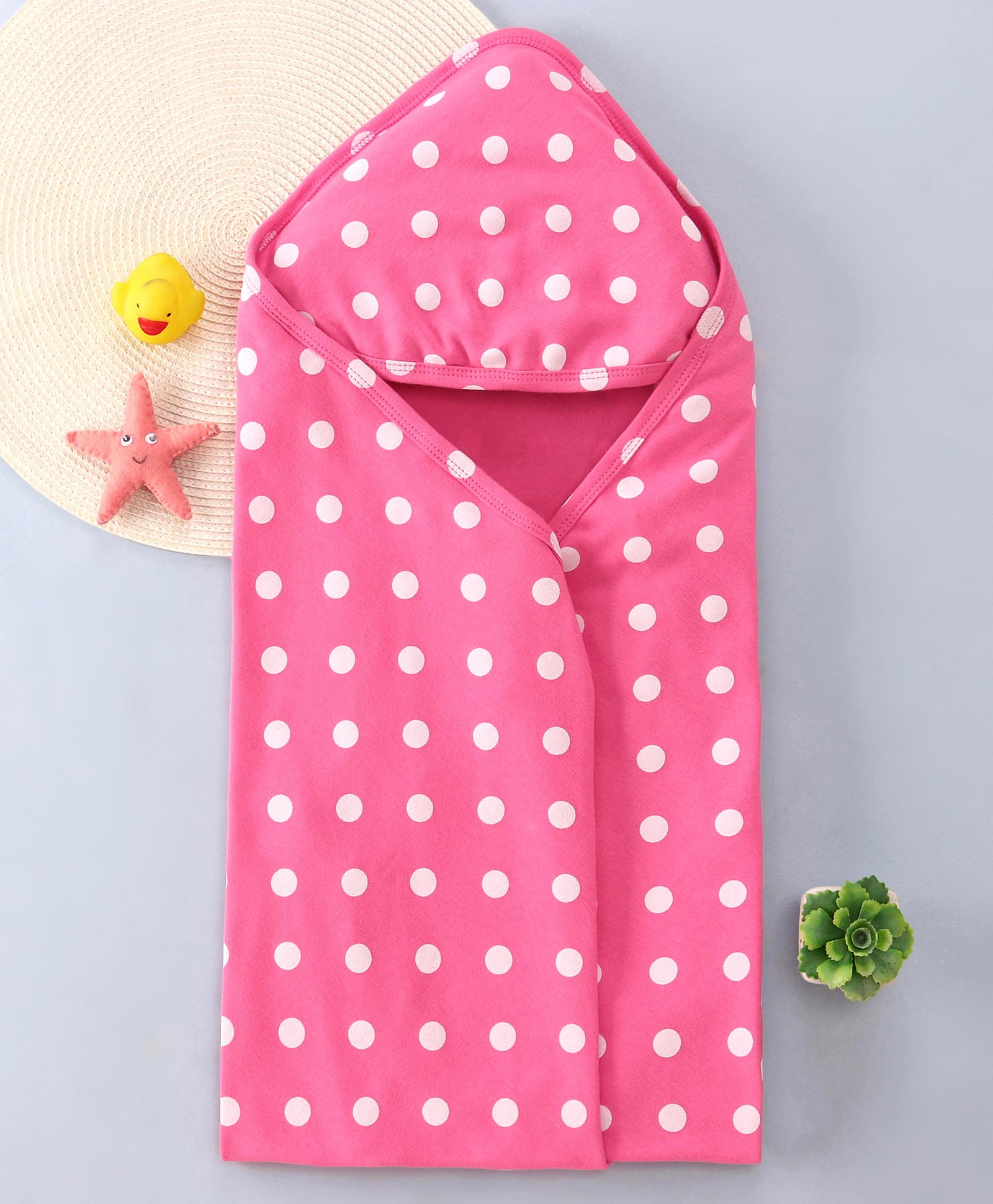 Babyhug Cotton Knit Hooded Wrapper with Polka Dots L 76 x B 76 cm - Pink-picture-13