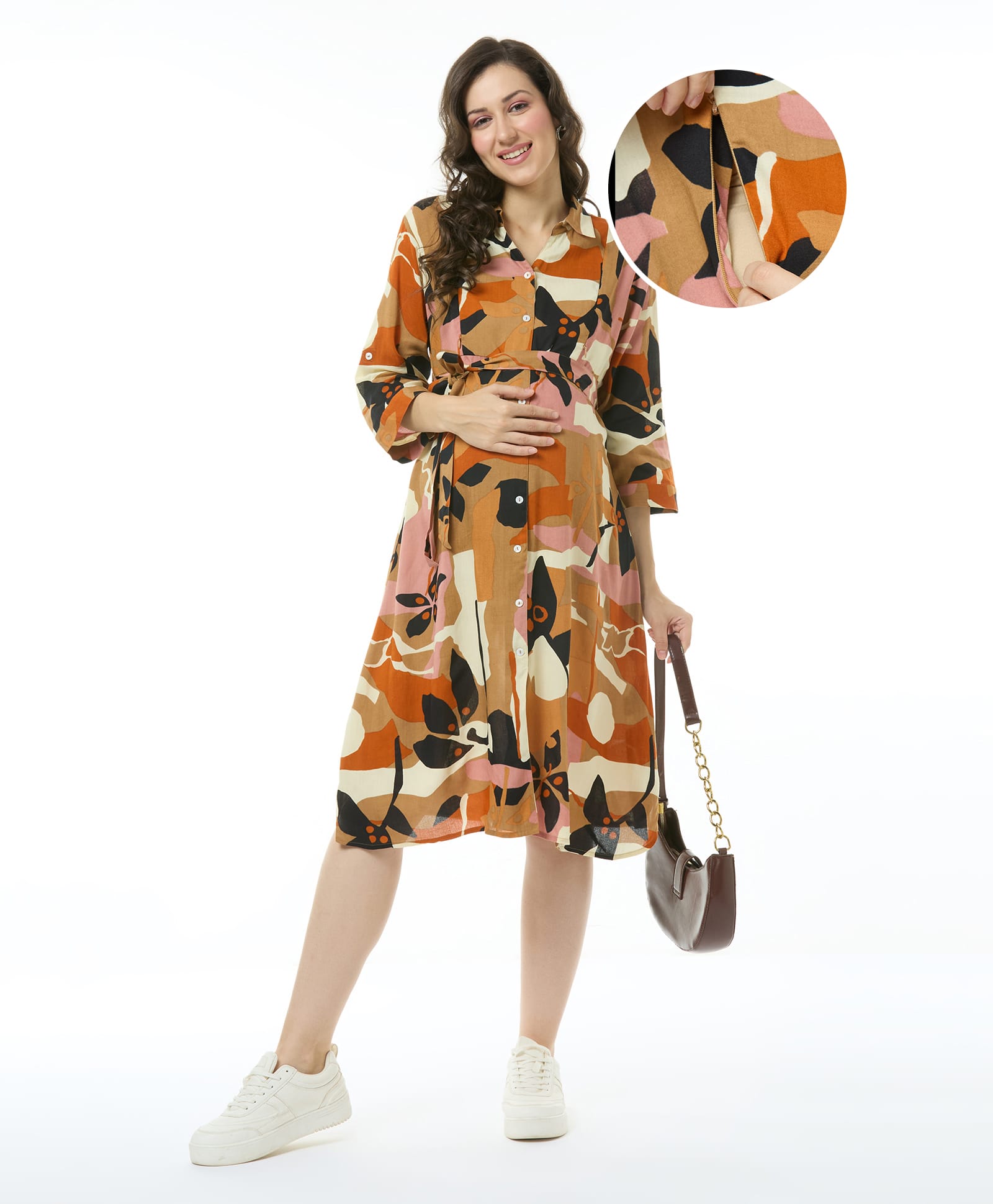 Bella Mama Woven Three Fourth Sleeves Floral Printed Maternity ShirtDress - Light Brown-image-30