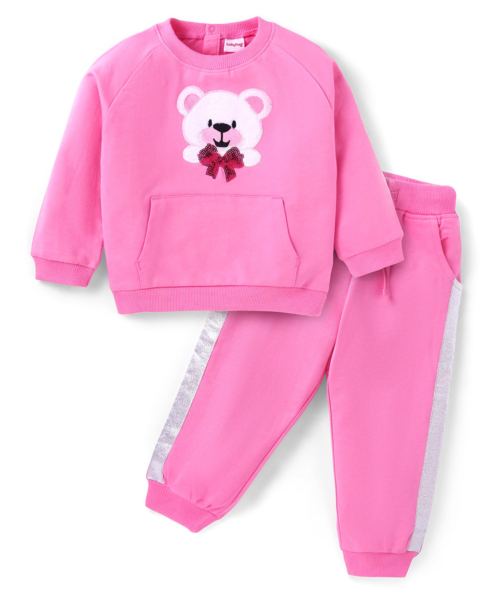 Babyhug Terry Knit Full Raglan Sleeves T-Shirt & Lounge Pants Set With Kangaroo Pocket & Sequined Teddy & Bow Applique - Pink-image-10
