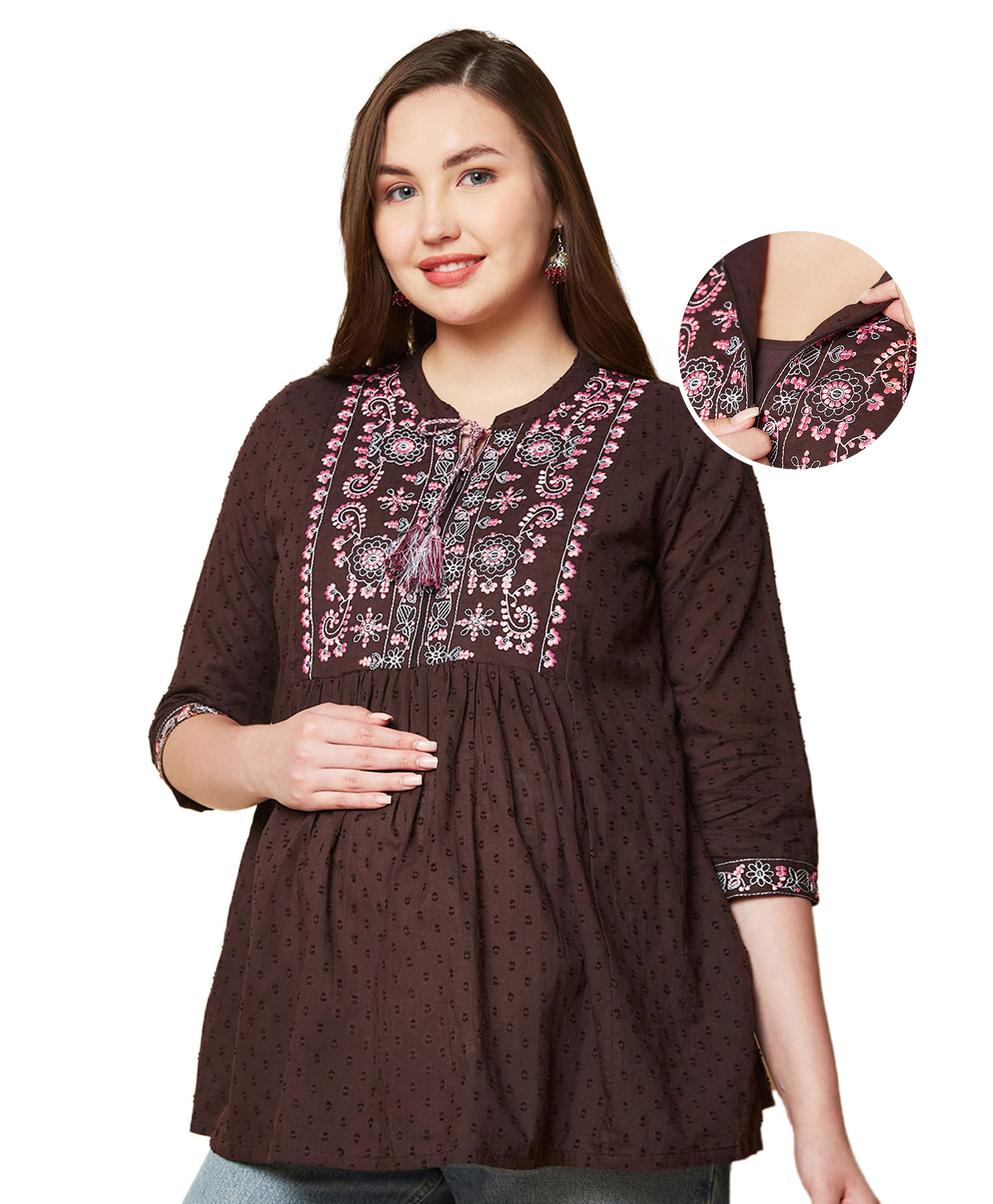 Bella Mama Woven Three Fourth Sleeves Embroidered Yoke Maternity Top - Brown