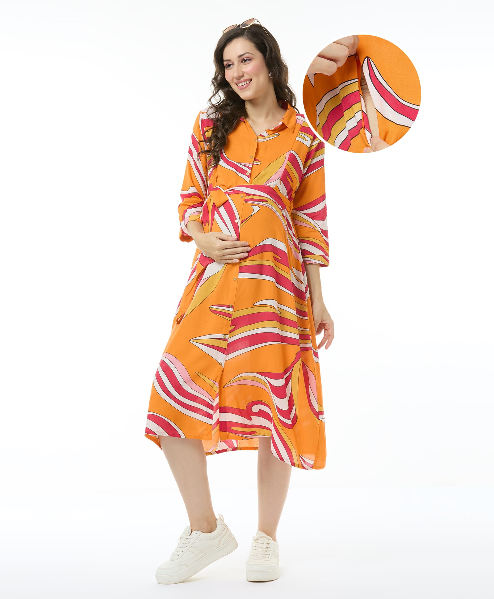 Bella Mama Woven Three Fourth Sleeves Abstract Printed Maternity Shirt Dress with Fabric Belt - Orange-picture-23