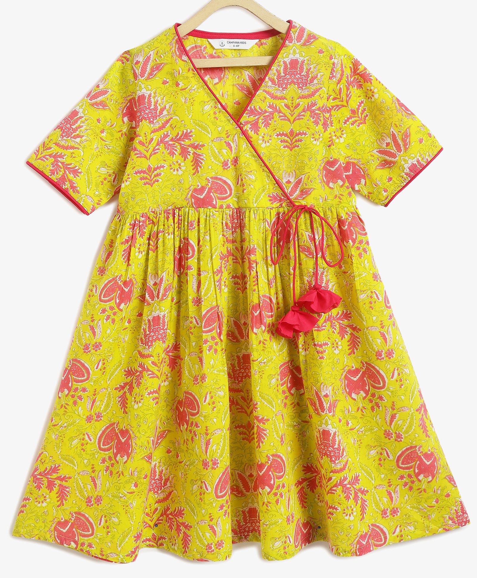 Campana 100% Cotton Half Sleeves Floral Printed Angrakha Style Kurta  - Lime Green & Magenta-picture-15