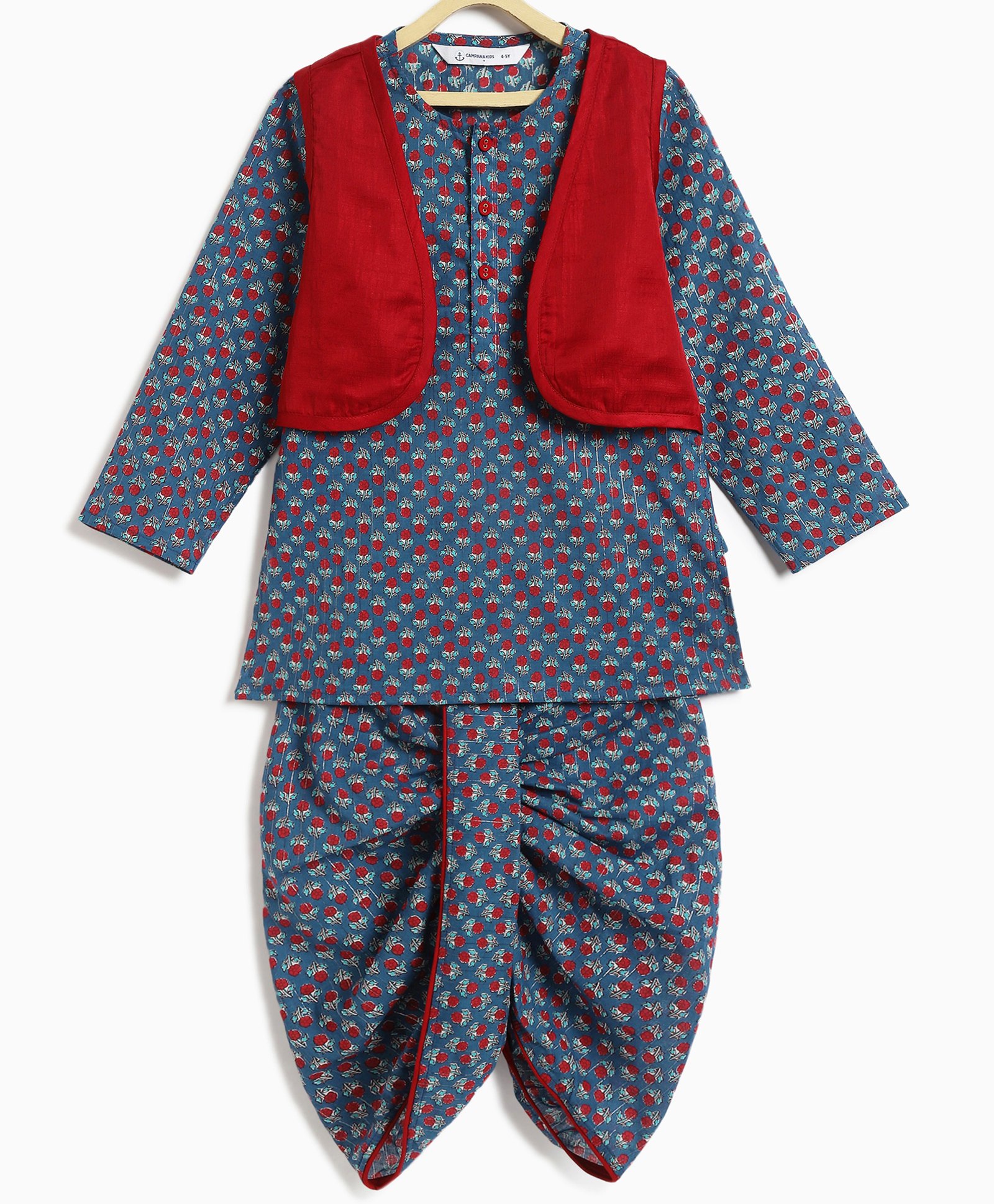 Campana 100% Cotton Full Sleeves Floral Printed Coordinating Kurta & Dhoti With Jacket - Blue & Red-picture-17