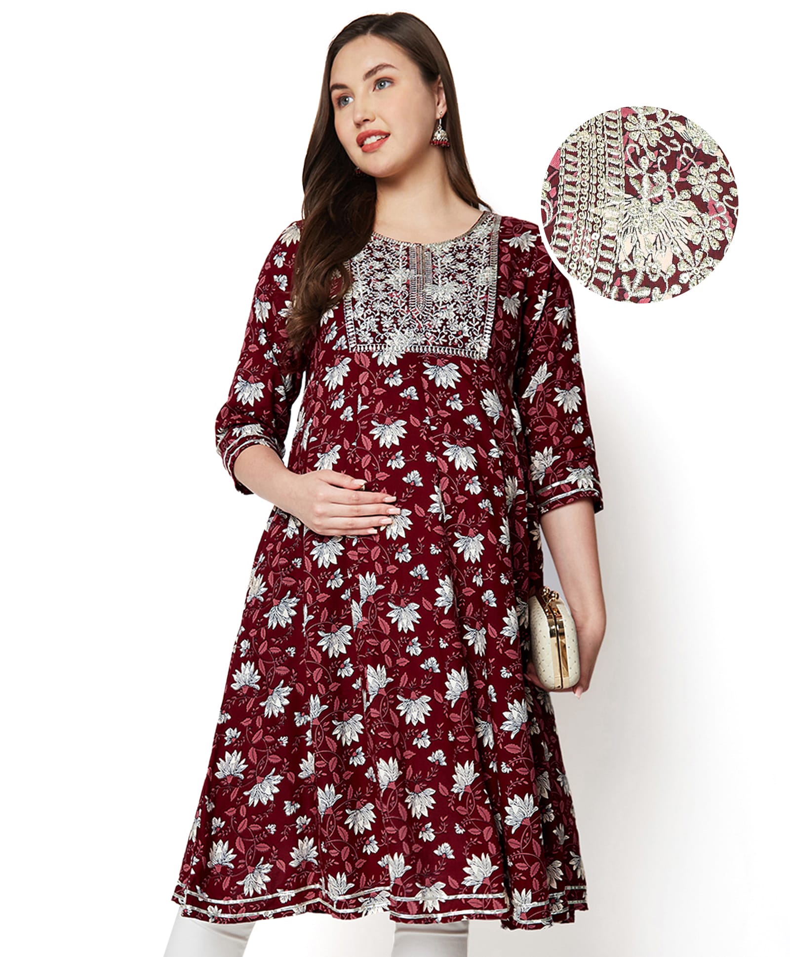 Bella Mama Three Fourth Sleeves Embroidered Yoke Maternity Kurta with Pockets & Floral Print - Wine-image-48