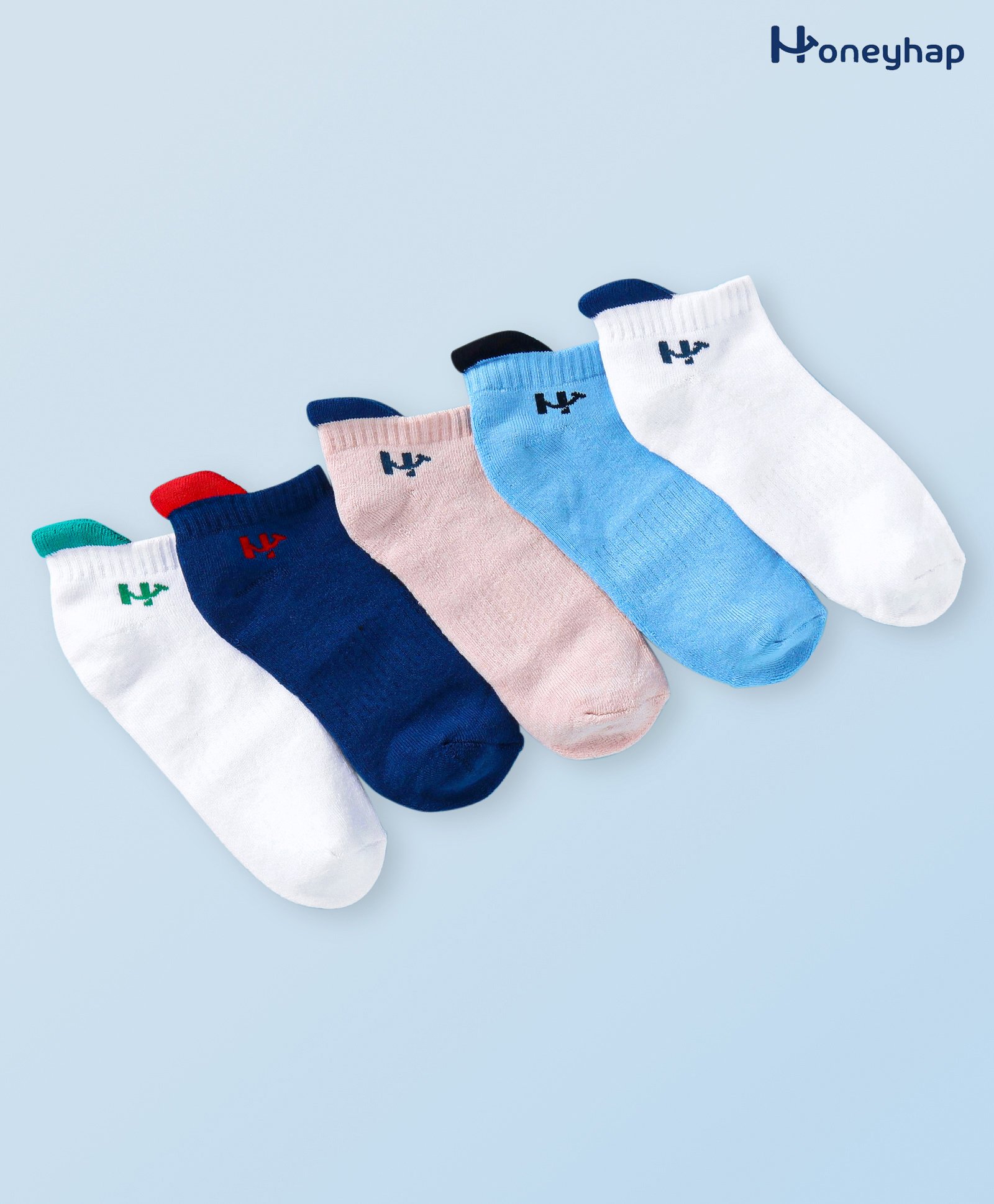 Honeyhap Premium Cotton Bamboo Spandex With Bio Finish Solid Socks Pack of 5 - Limoges White Peach Dust Baltic Sea & White-image-12