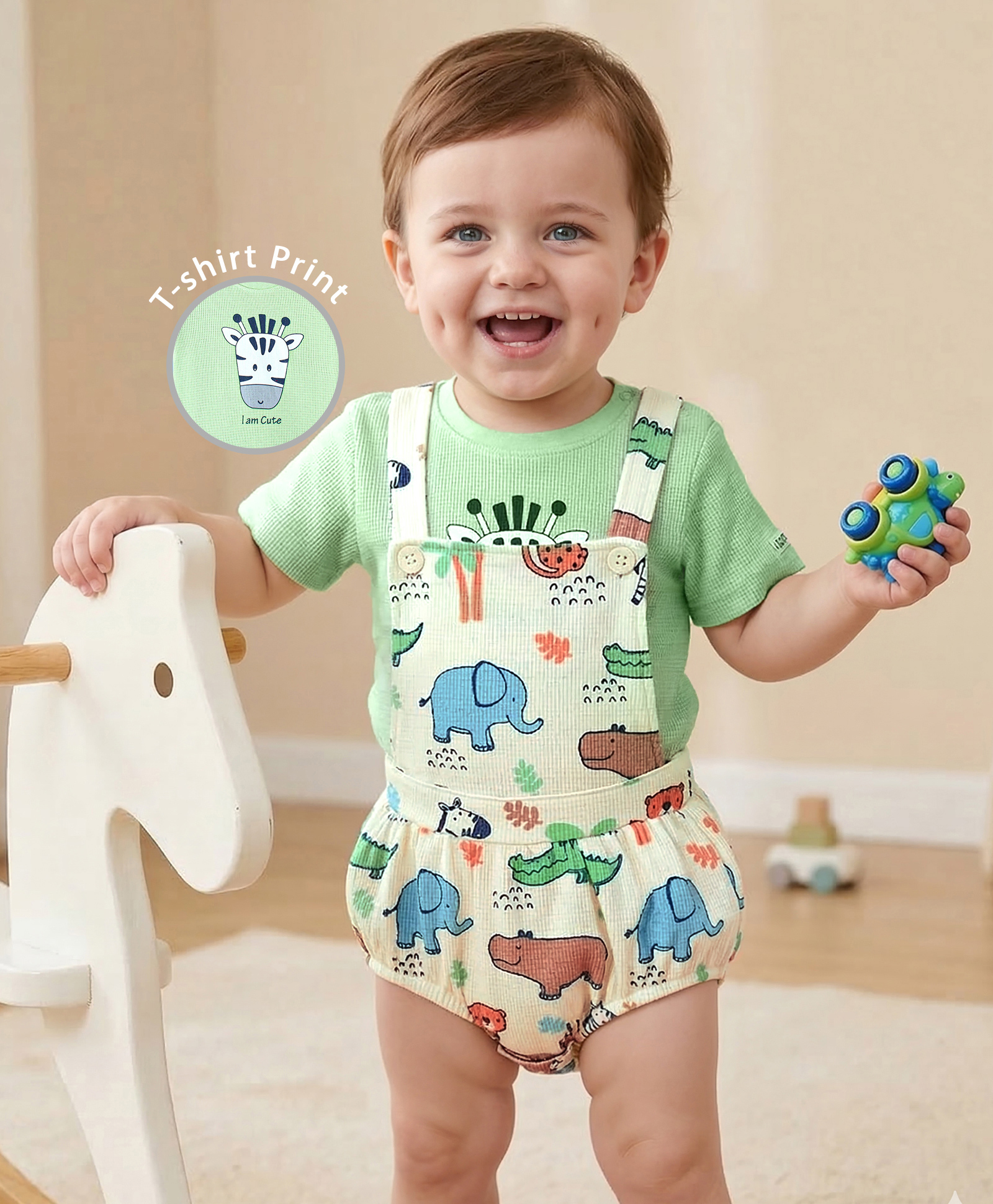 Babyoye 100% Cotton with Eco Jiva Finish Animal Printed Dungaree with Half Sleeves T-Shirt - Green & Cream-picture-23