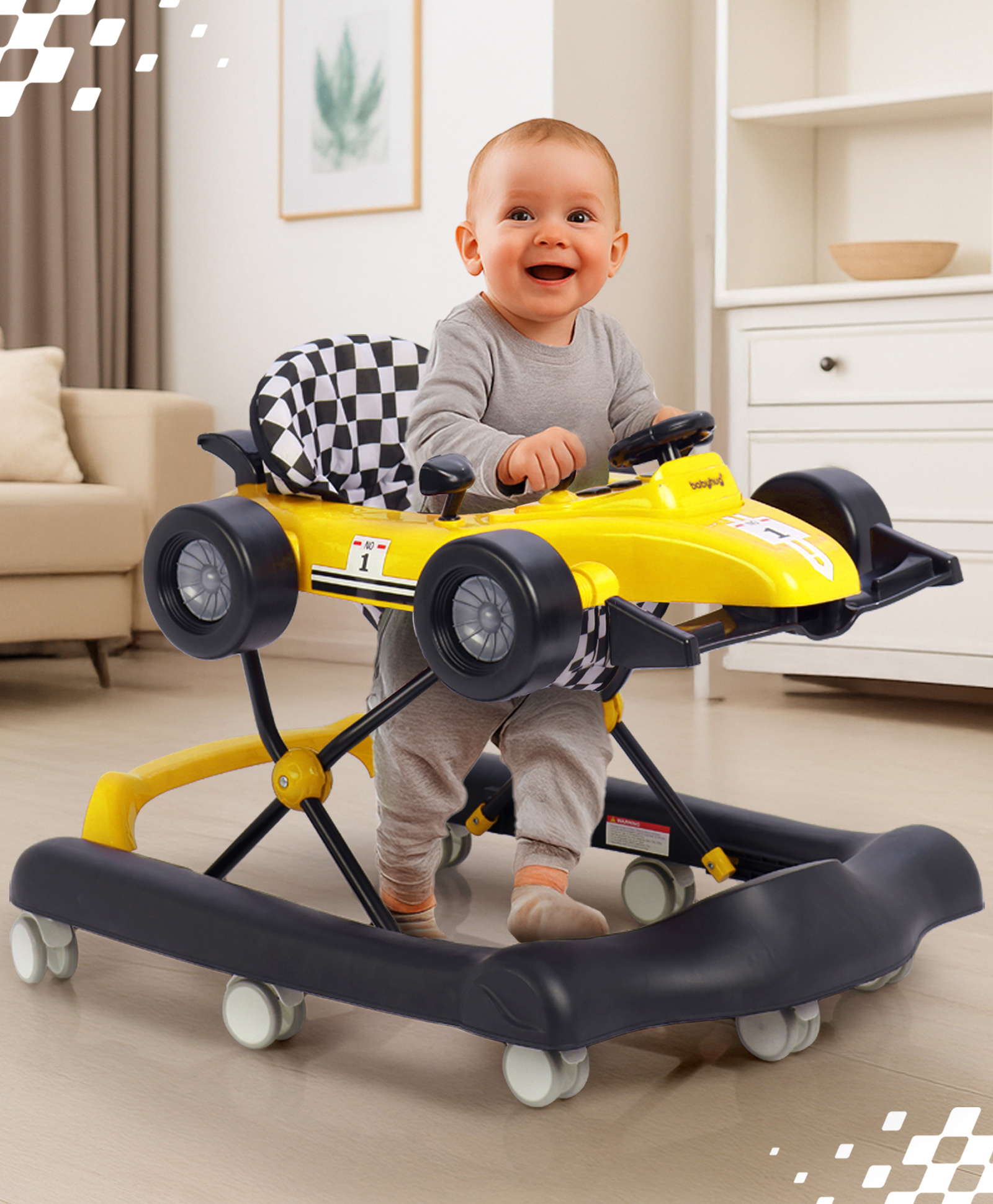 Babyhug F1 Little Racer Foldable Activity Walker with Adjustable Height|Music & Lights|Steering Wheel with Comfy Seat & Push Handle -Yellow-picture-10