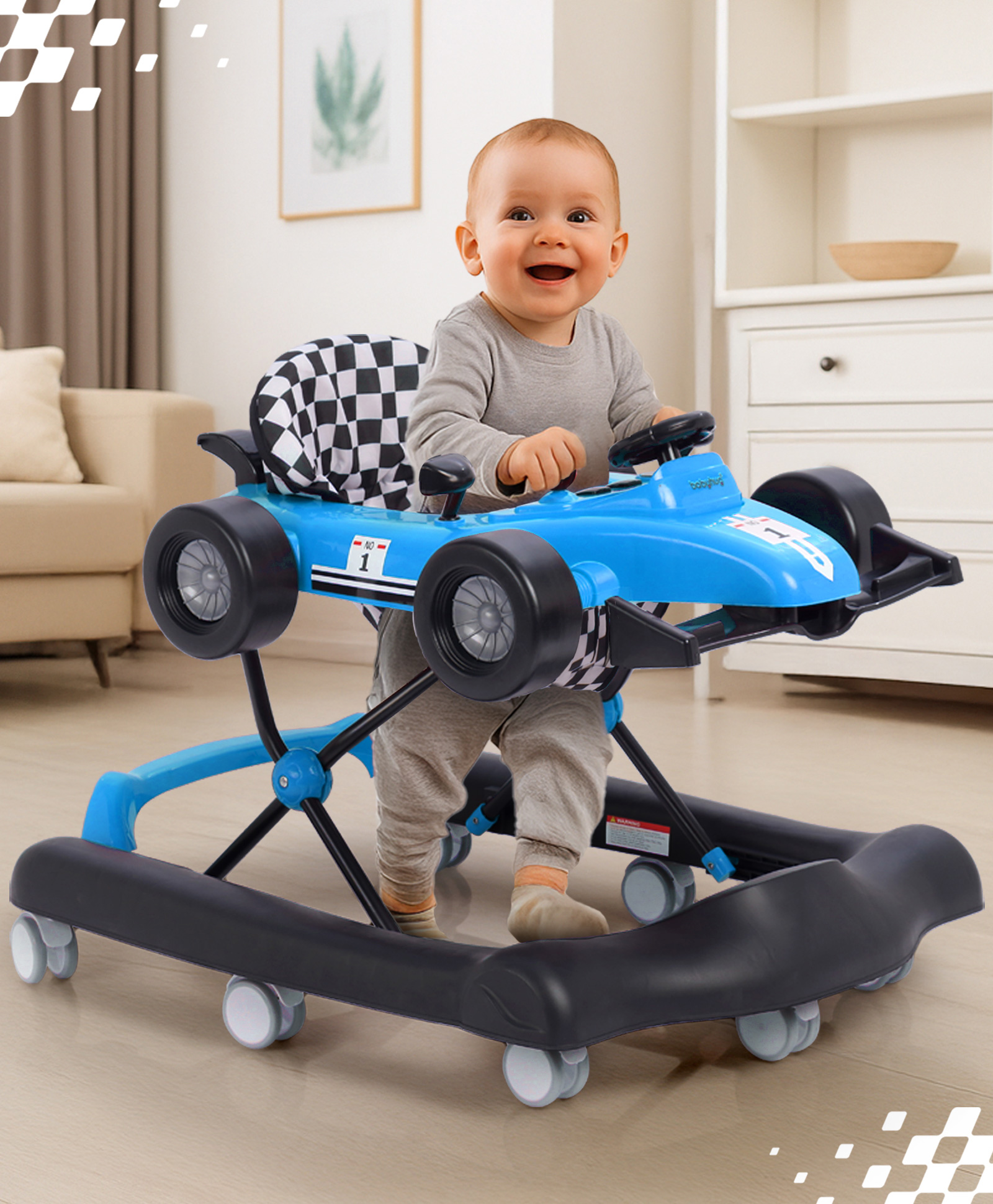 Babyhug F1 Little Racer Foldable Activity Walker with Adjustable Height|Music & Lights|Steering Wheel with Comfy Seat & Push Handle- Blue-picture-12