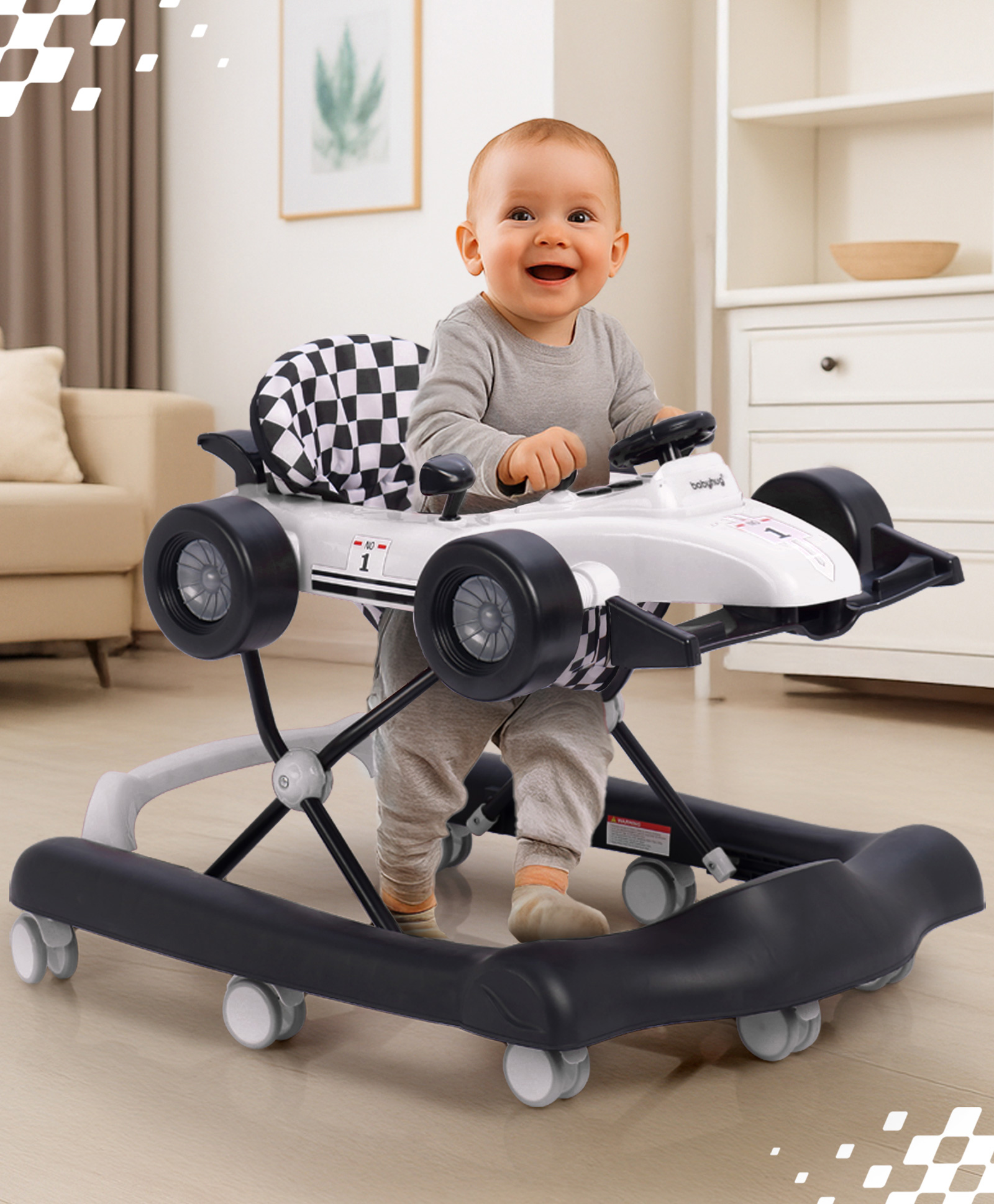 Babyhug F1 Little Racer Foldable Activity Walker with Adjustable Height|Music & Lights|Steering Wheel with Comfy Seat & Push Handle- White-picture-11