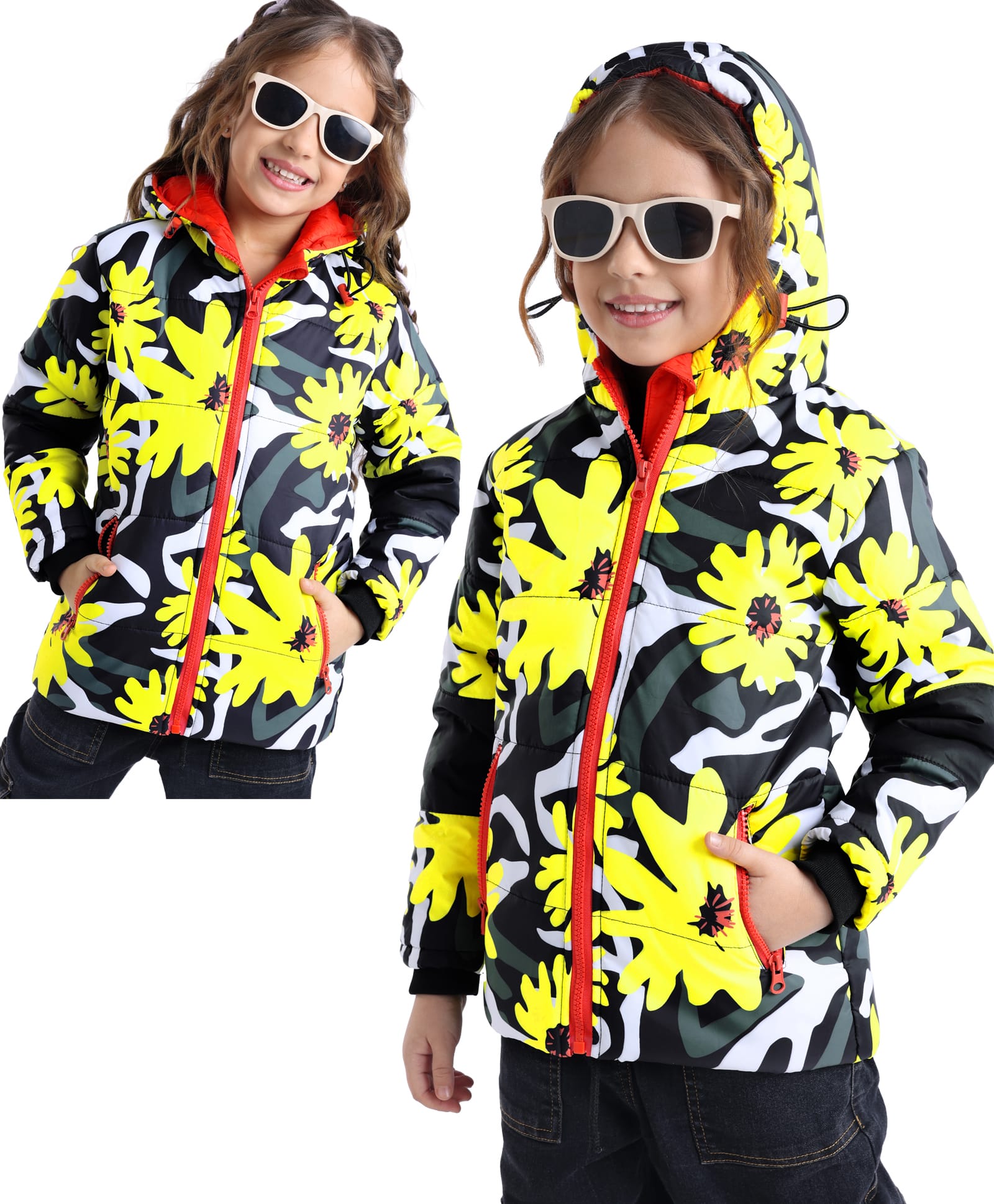 Ollington St. Full Sleeves Padded Hooded Jacket with Quilted Design & Floral Print - Black & Yellow-image-26