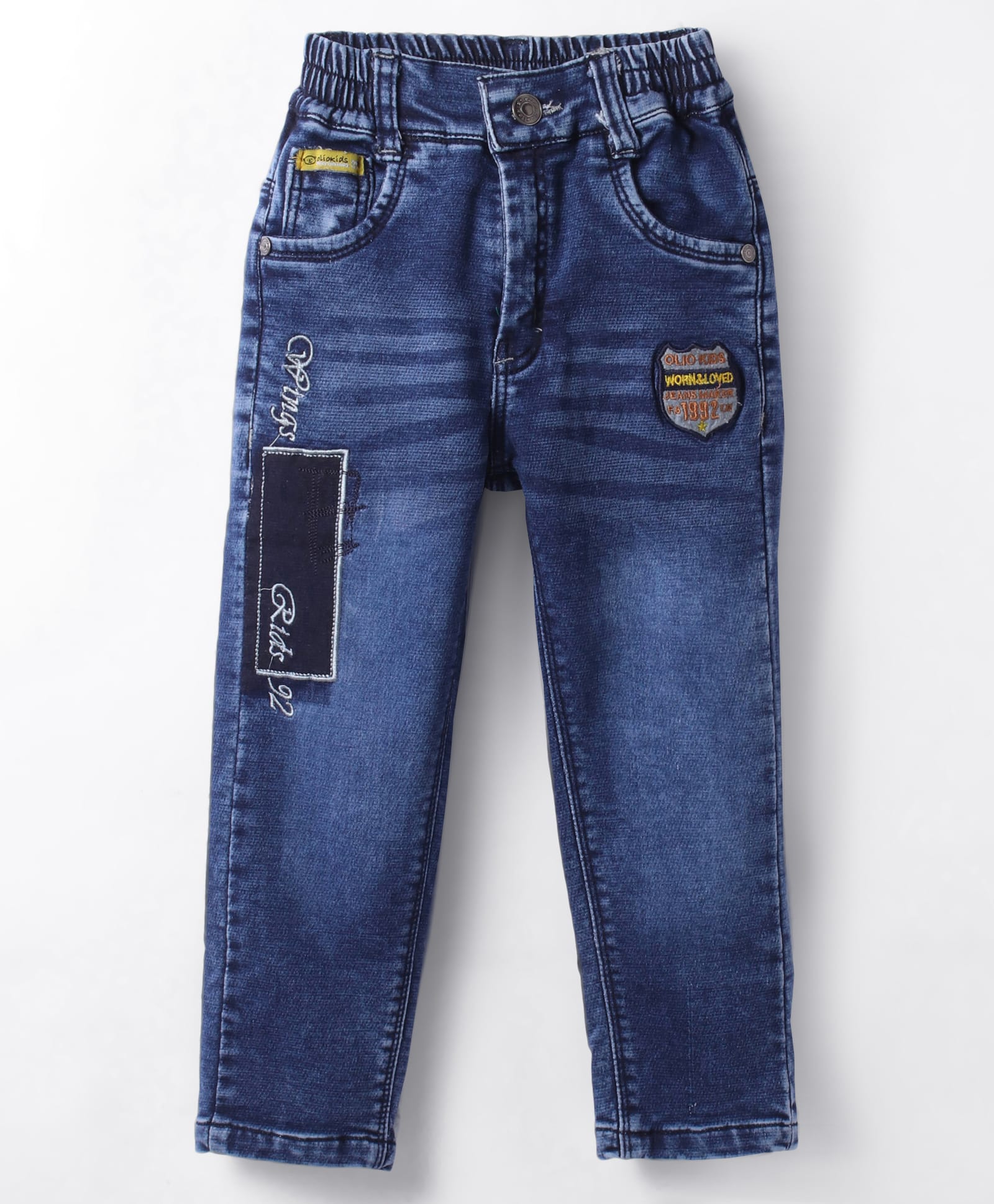 Olio Kids Denim Woven Full Length Jeans With Text Embroidery - Navy Blue-picture-24