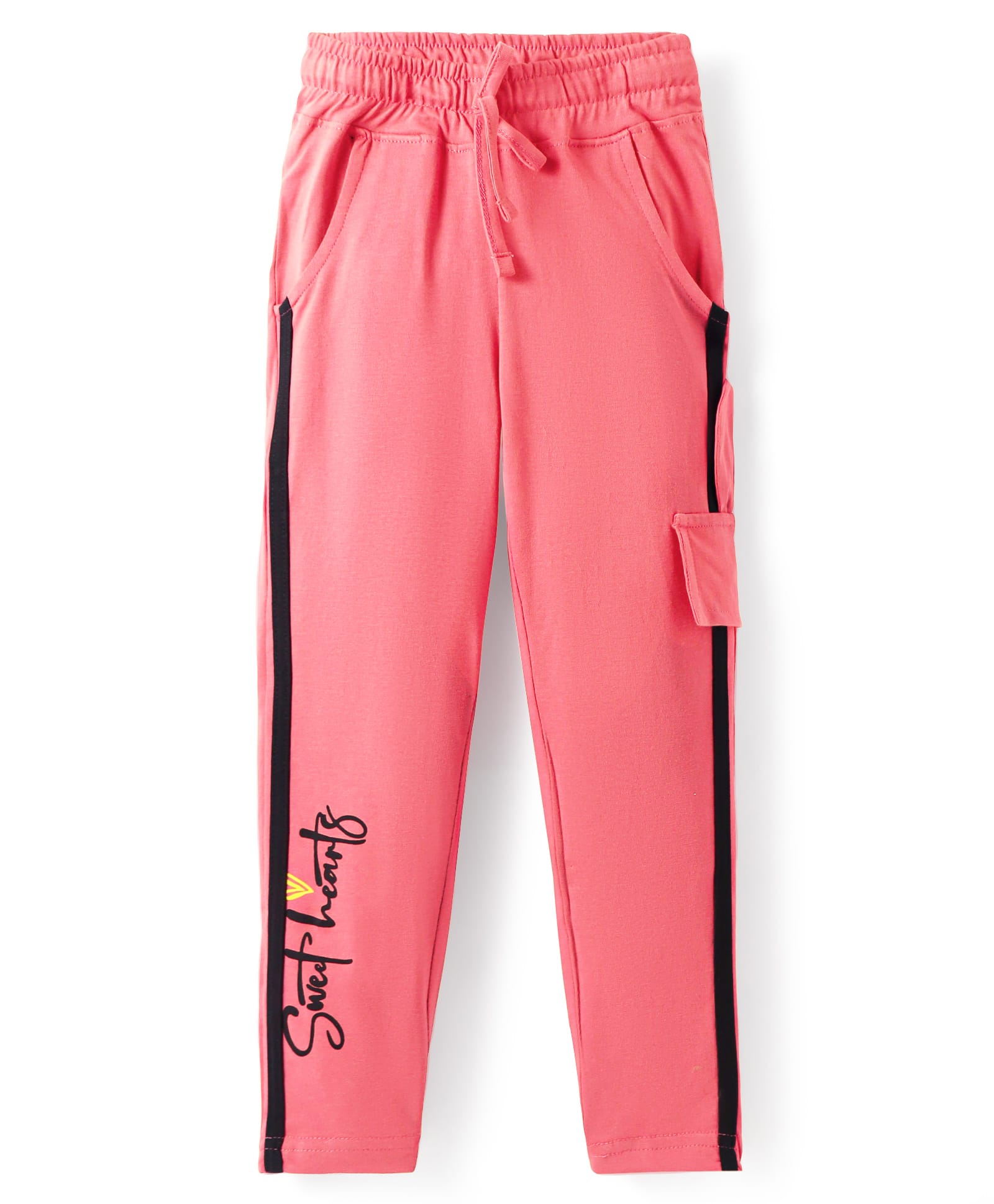 Olio Kids Sinker Knit Full Length Track Pant with Tape & Sweet Heart Text Print - Pink-picture-25