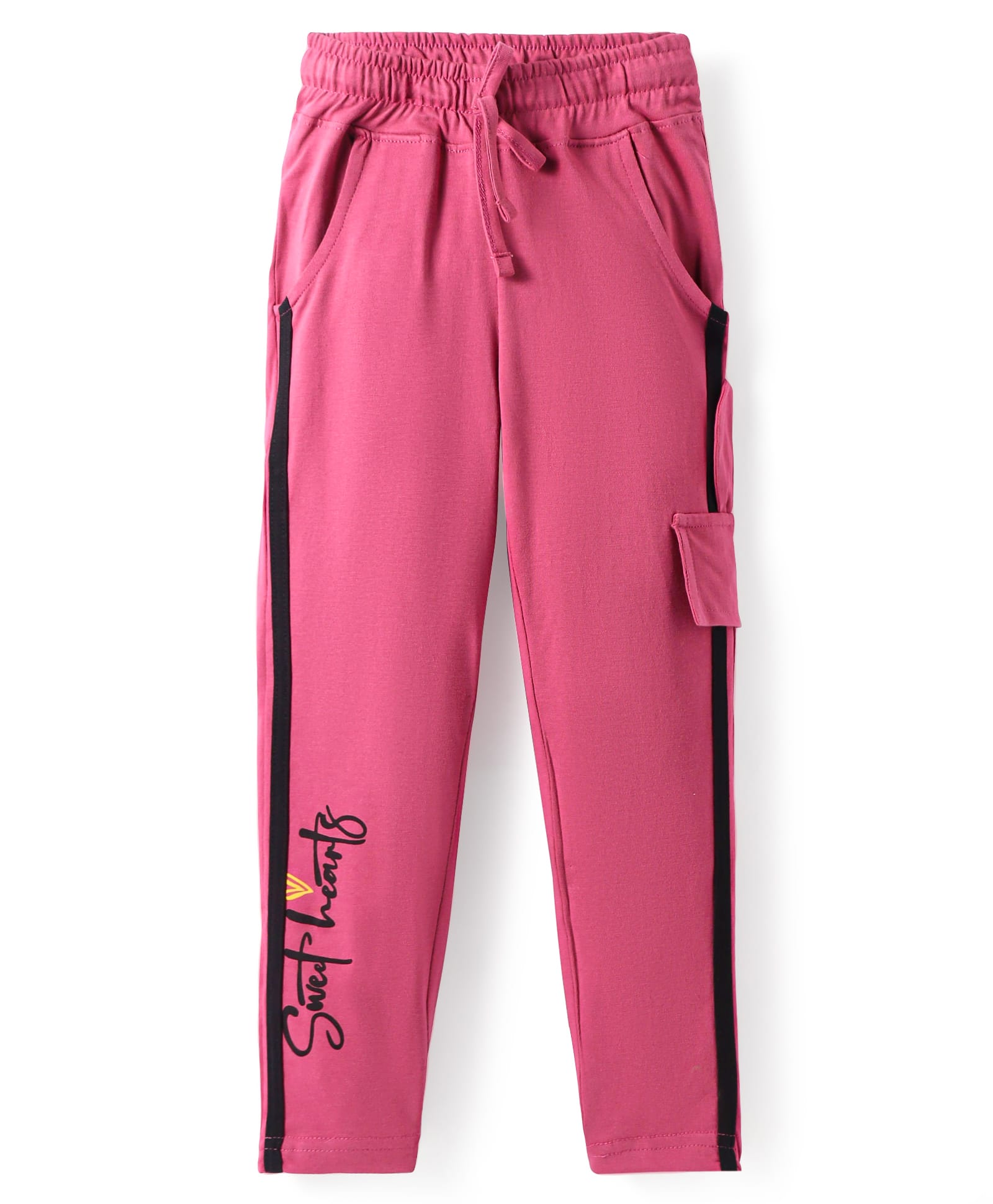 Olio Kids Sinker Knit Full Length Track Pant with Tape & Sweet Heart Text Print - Plum-picture-23