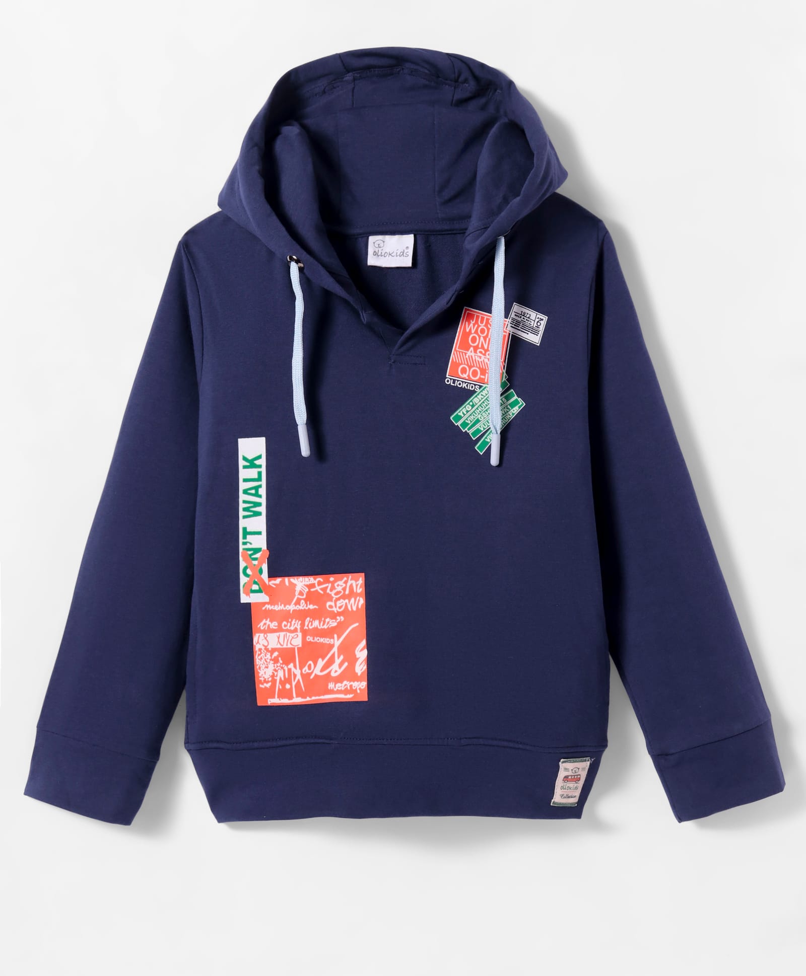Olio Kids Lycra Knit Full Sleeves Hooded Sweatshirt with Text Print - Navy Blue-picture-12