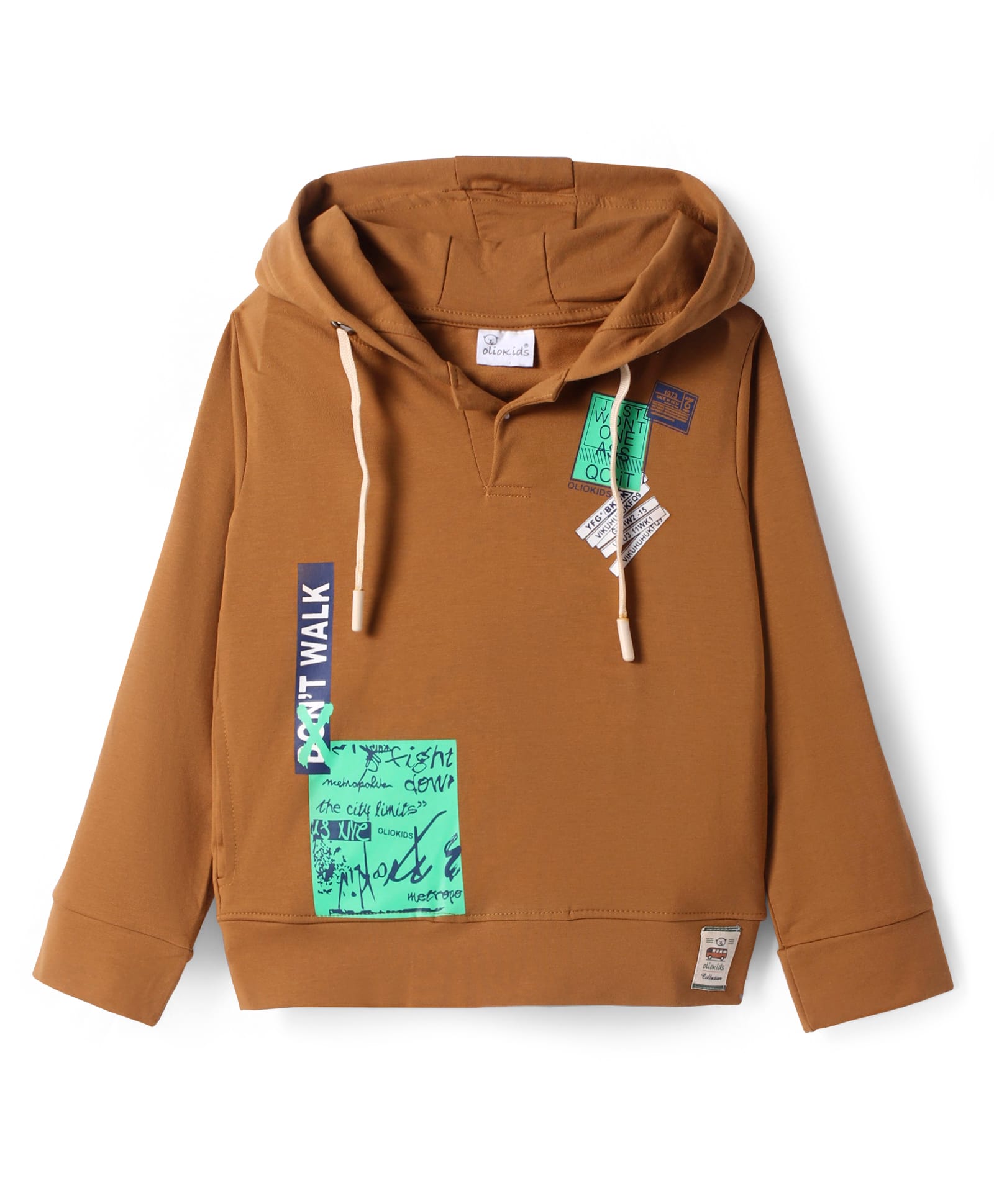 Olio Kids Lycra Knit Full Sleeves Hooded Sweatshirt with Text Print - Brown-image-26