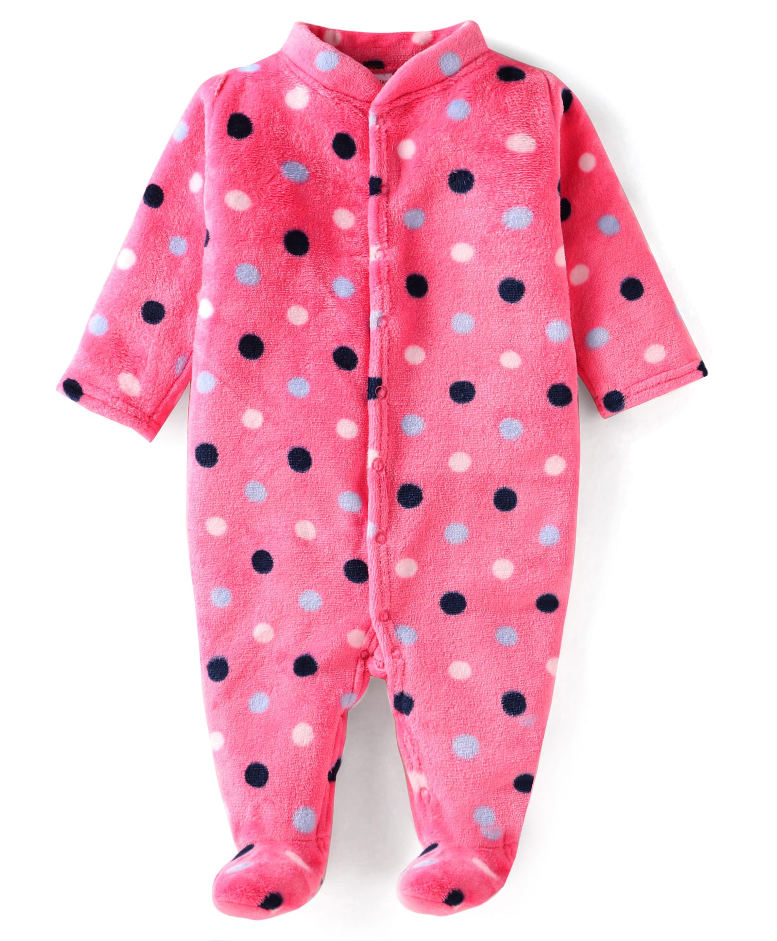 Babyhug Velour Knit Full Sleeves Winter Wear Polka Dots Printed Footed Front Open Sleep Suit - Dark Pink-image-14