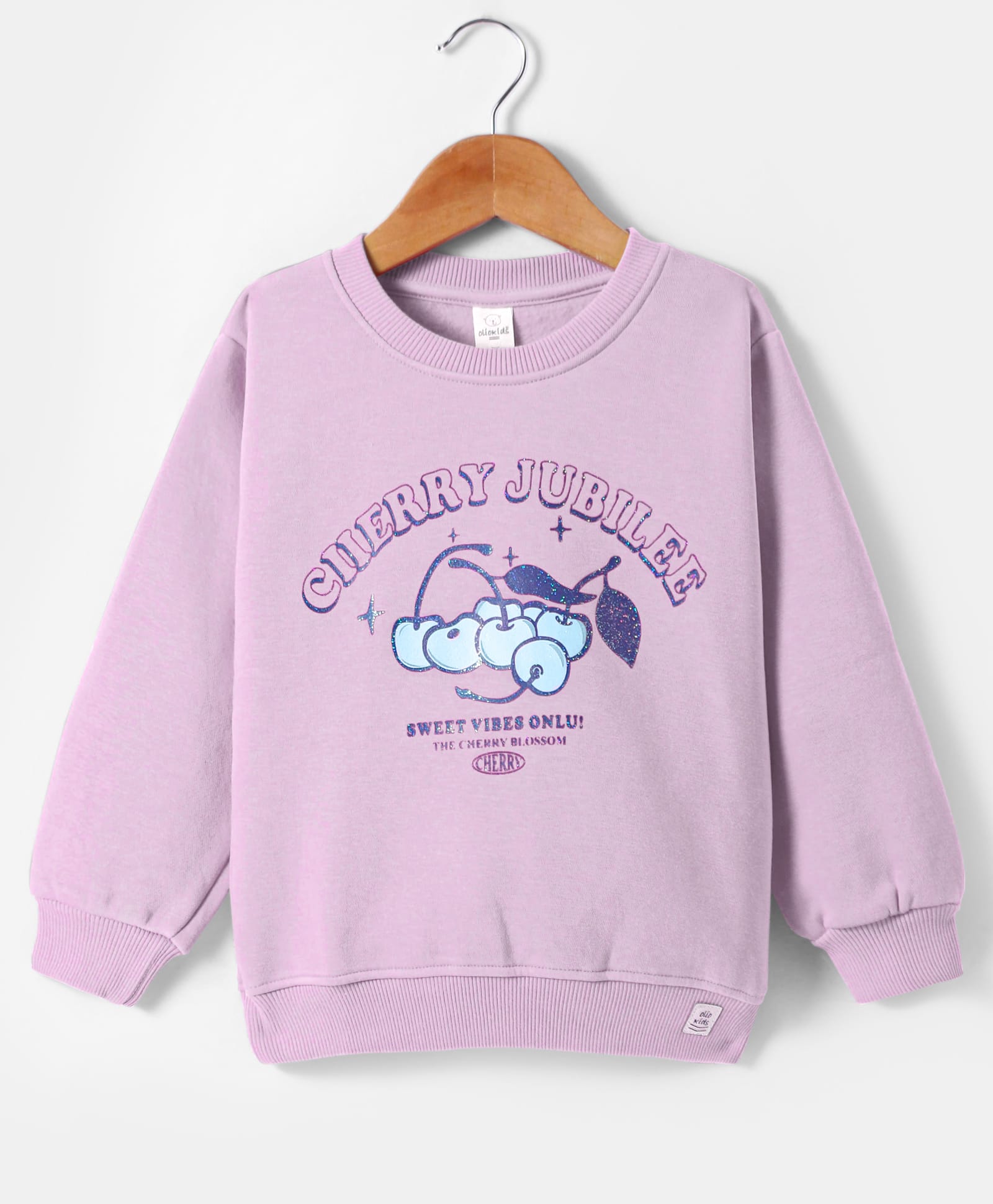 Olio Kids Fleece Knit FullSleeves Sweatshirt with Cherry & Glitter Print - Lilac-picture-25