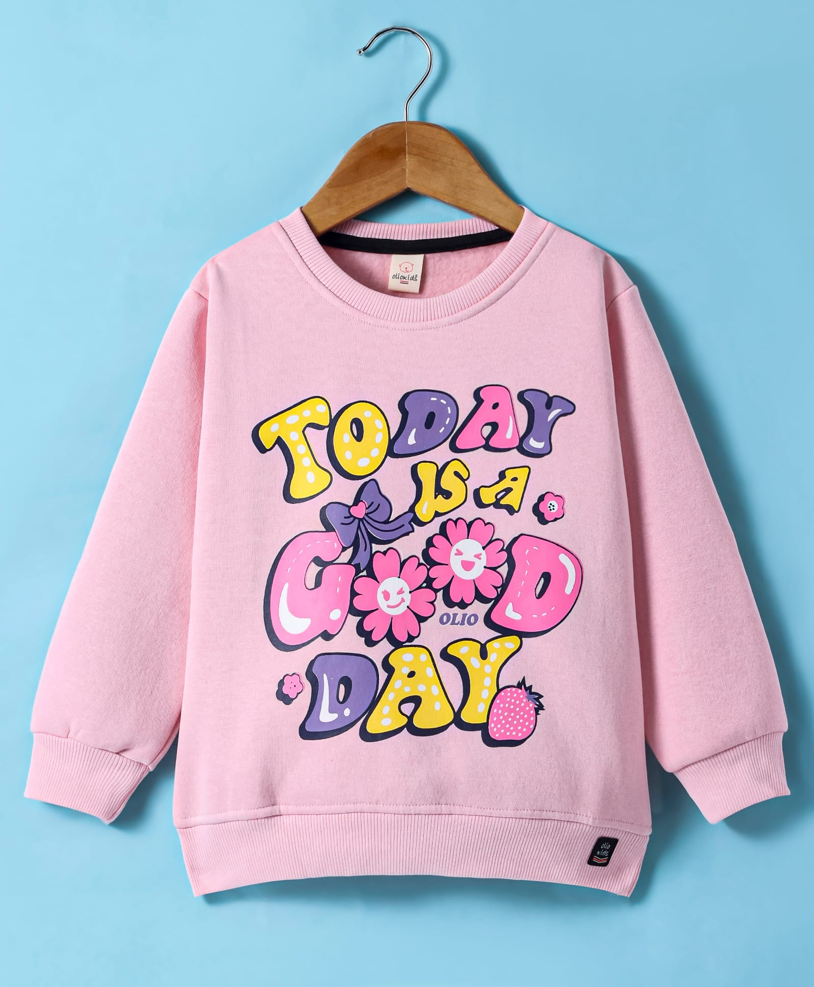 Olio Kids Fleece Knit FullSleeves Sweatshirt with Text Print - Pink-image-35
