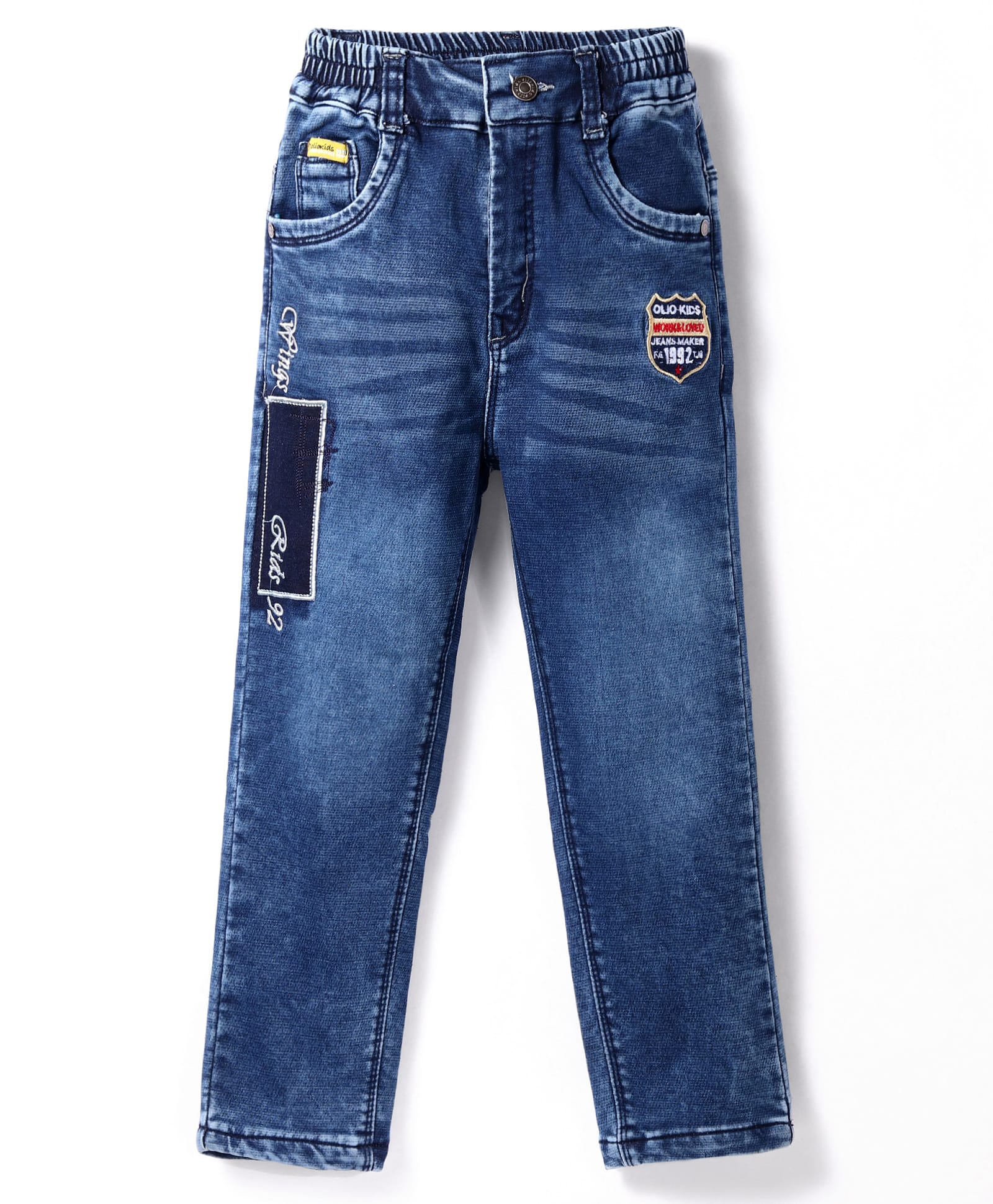 Olio Kids Denim Woven Full Length Jeans With Text Embroidery - Blue-picture-22