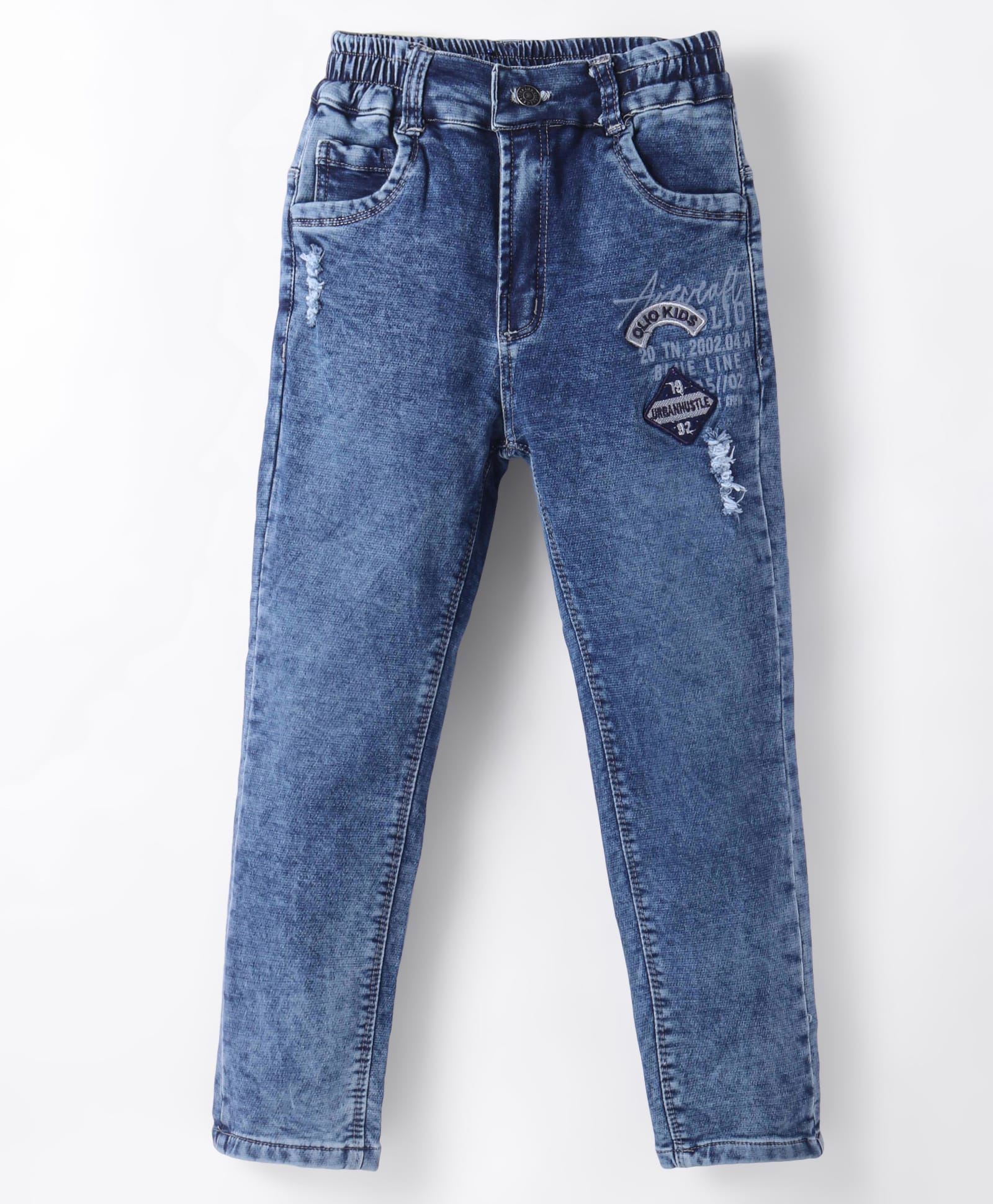 Olio Kids Denim Woven Full Length Jeans With Text Print & Badge Detailing - Blue-picture-17