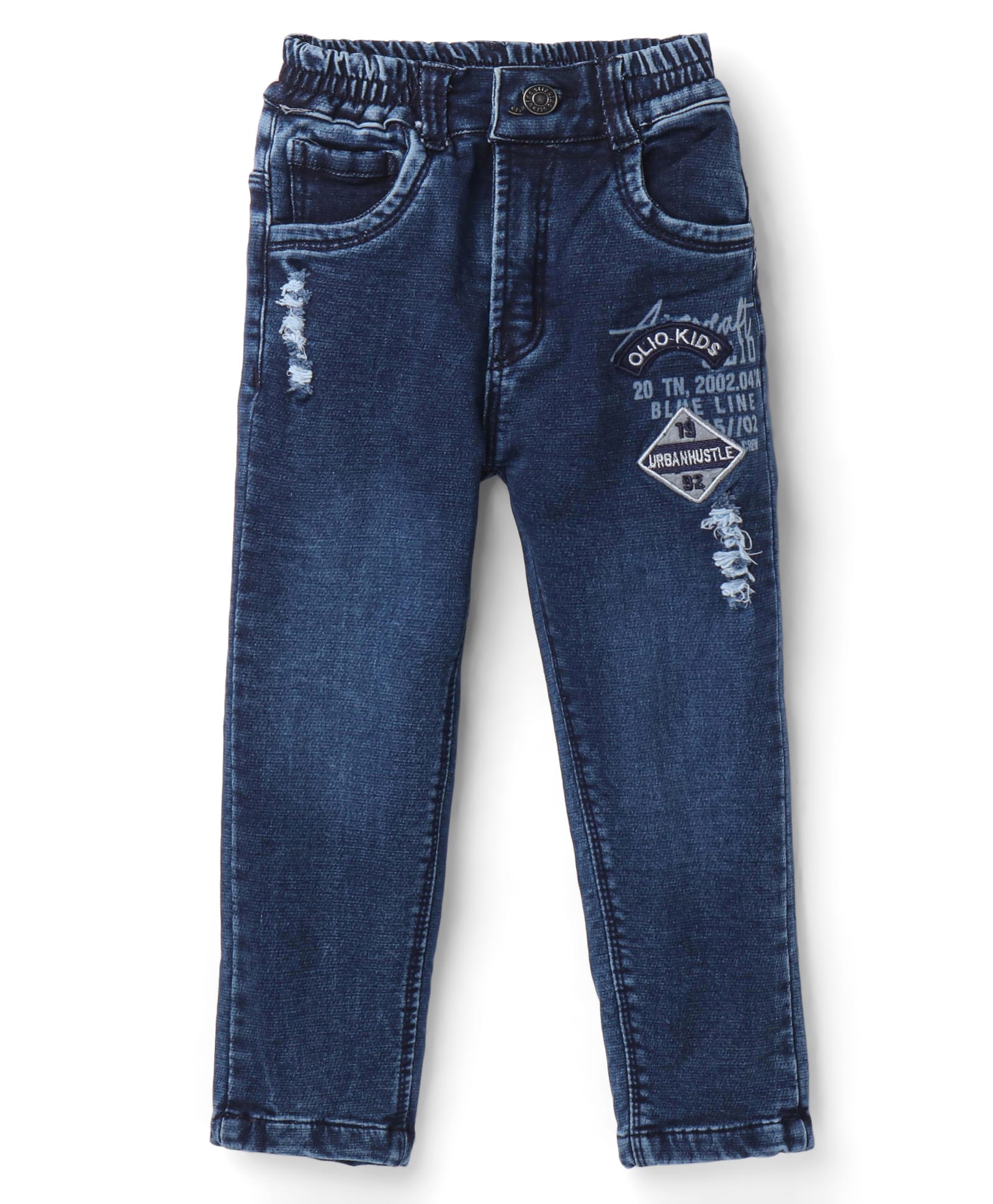 Olio Kids Denim Woven Full Length Jeans With Text Print & Badge Detailing - Navy Blue-picture-32