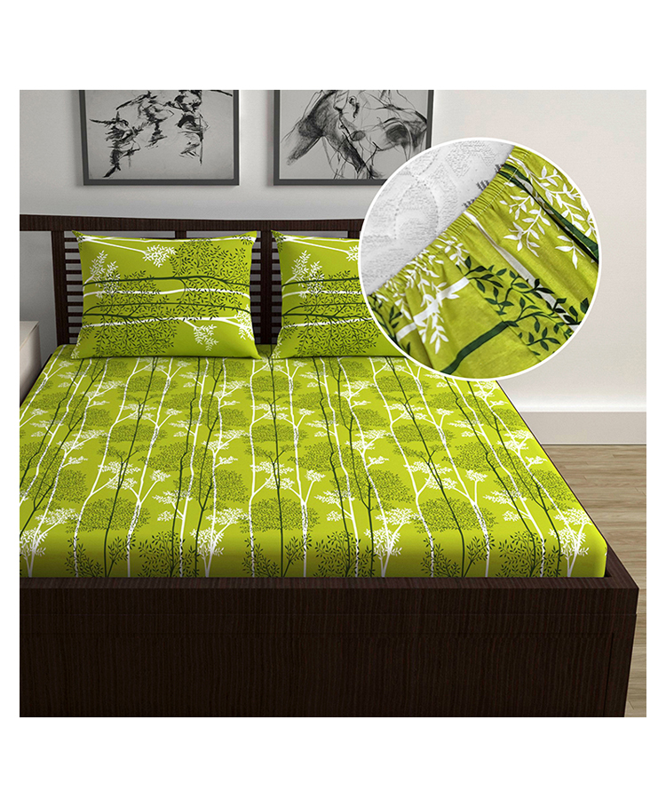 Divine Casa 144 TC Floral Green Cotton Fitted Double Bedsheet with 2 Pillow Covers-picture-33