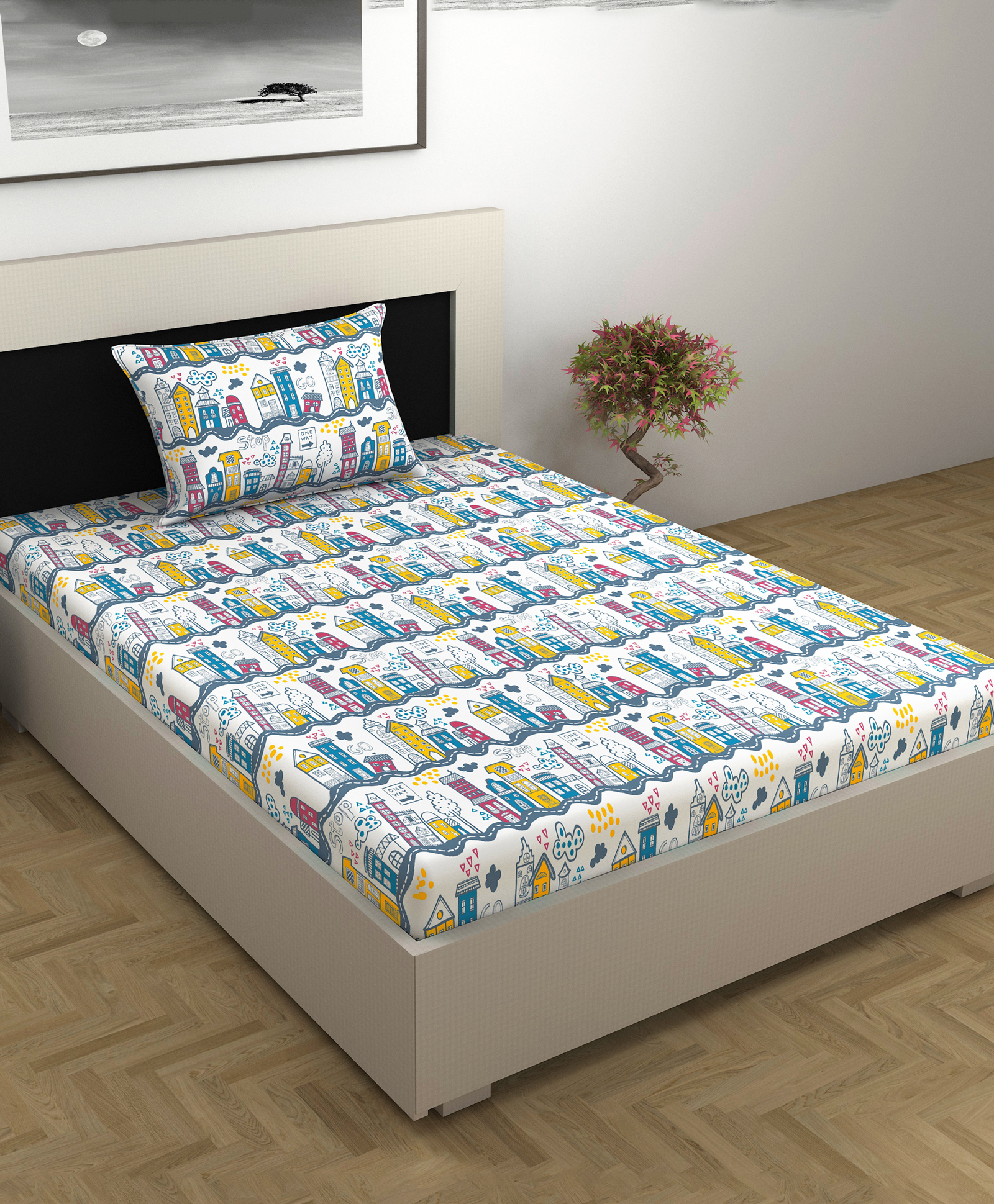 Divine Casa Kids Skin-Friendly Printed Single Bedsheet with Pillow Cover (Glow White)-picture-14