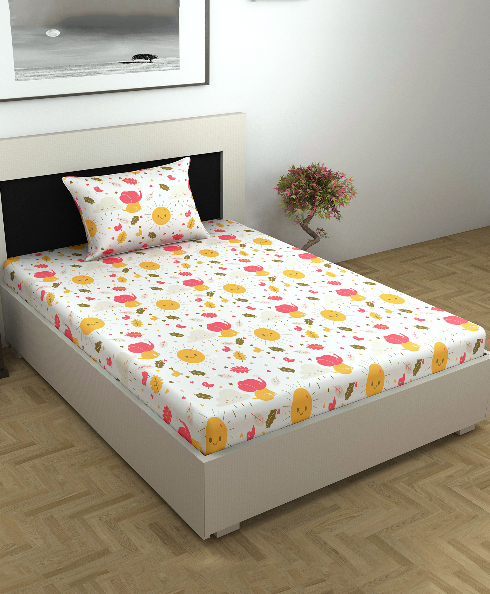 Divine Casa Kids Skin-Friendly Printed Single Bedsheet with Pillow Cover (Diva White)-picture-21