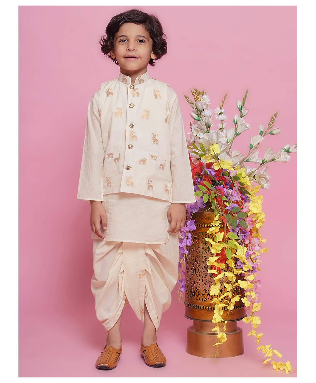 Little Bansi Full Sleeves Solid Kurta & Dhoti With Deer Foil Printed Nehru Jacket Set - Cream-image-20