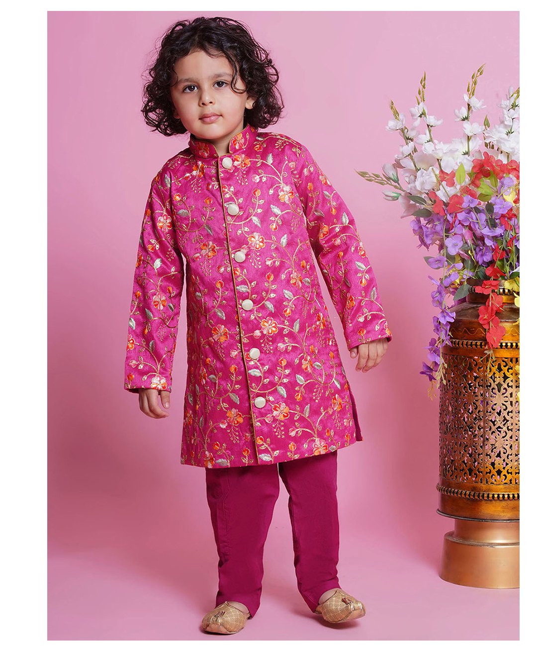 Little Bansi Mulberry Silk Full Sleeves Floral Embroidered & Sequins Embellished Sherwani With Solid Pyjama Set - Pink-image-8