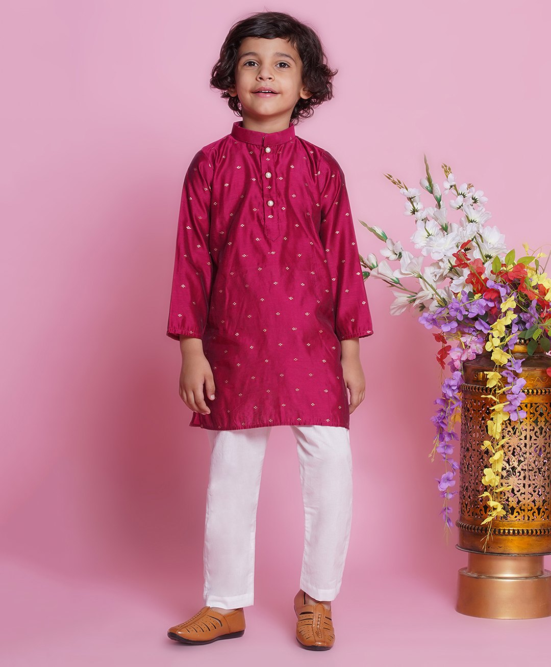 Little Bansi Full Sleeves Abstract Foil Printed Kurta With Solid Pyjama Set - Pink-picture-0