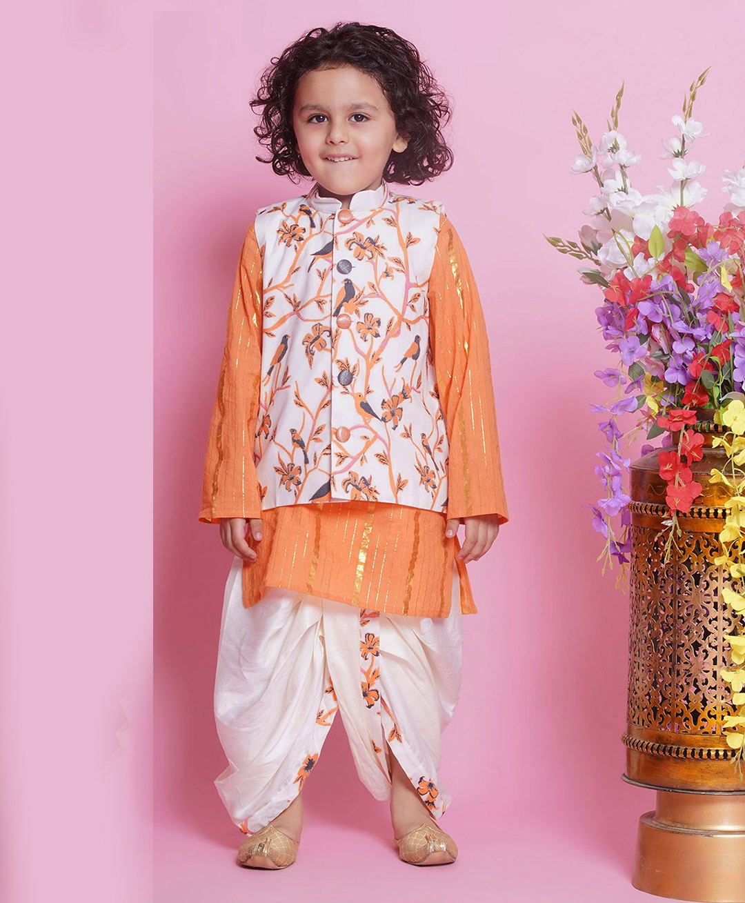 Little Bansi Full Sleeves Striped Foil Printed Kurta & Dhoti With Floral Embroidered Nehru Jacket Set - Orange & Cream-image-22