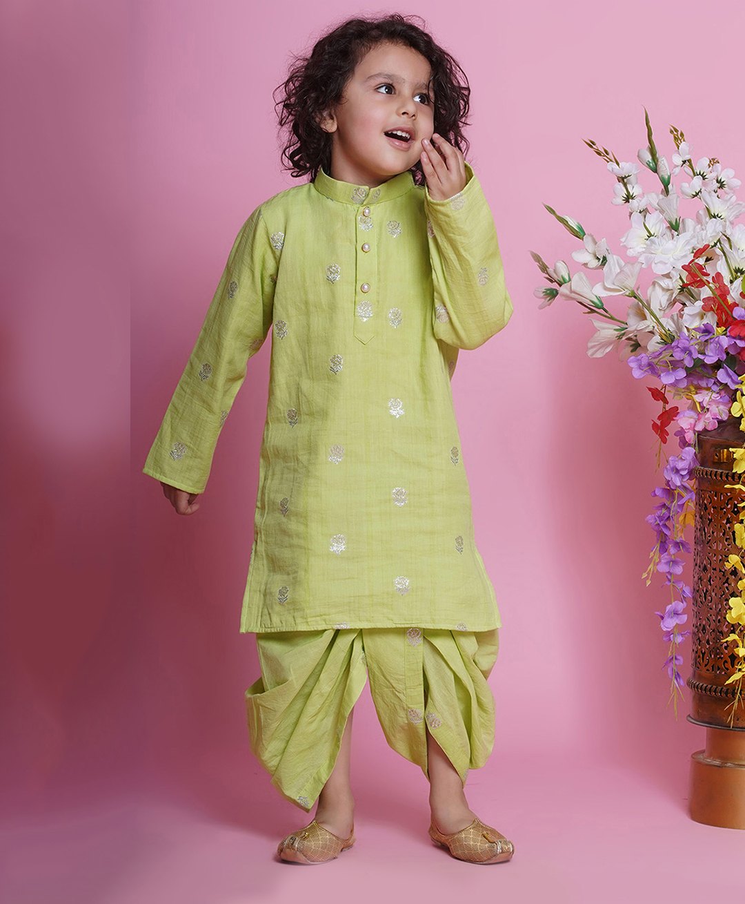 Little Bansi Full Sleeves Floral Foil Printed Kurta With Dhoti Set - Green-picture-29