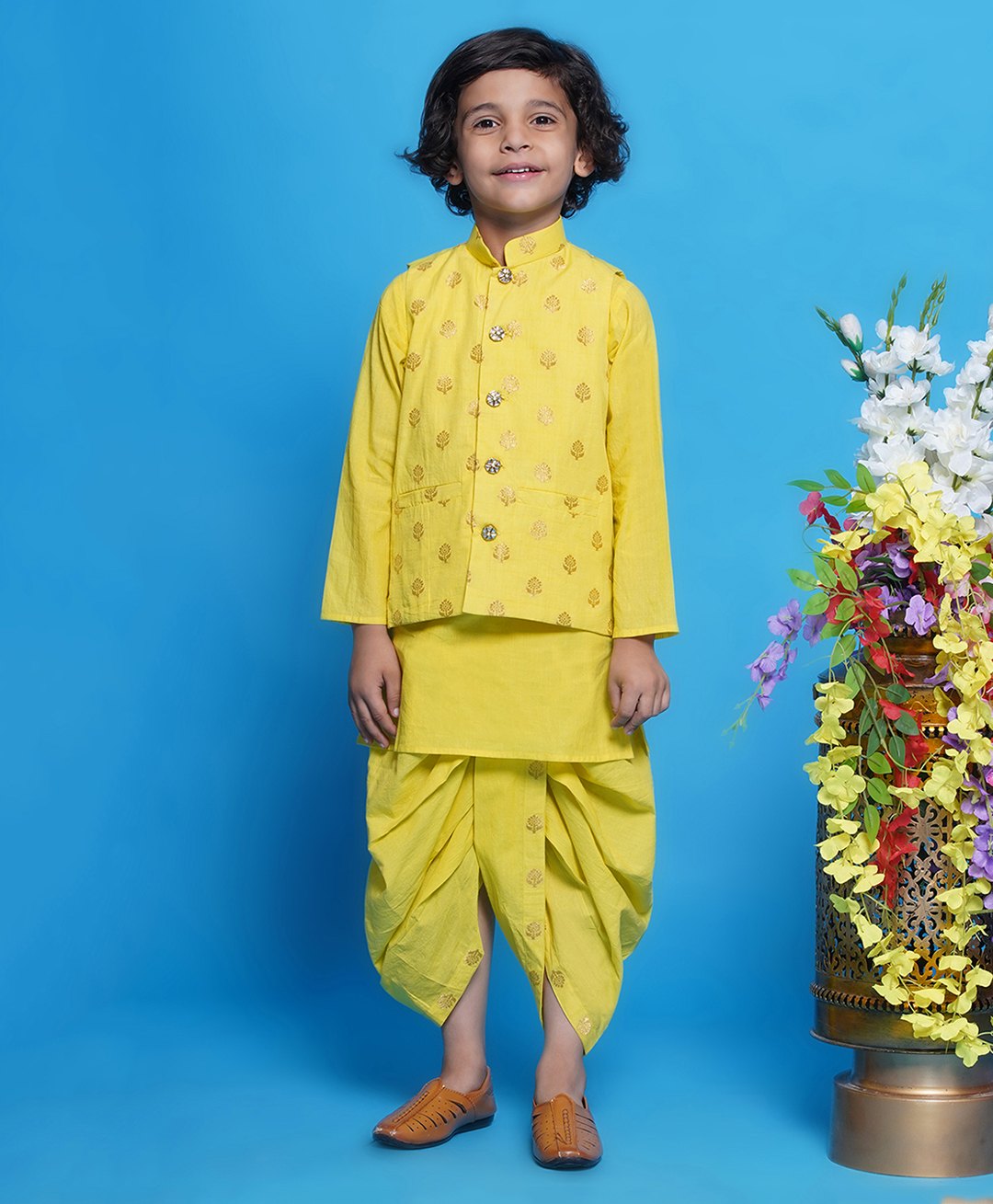 Little Bansi Cotton Sleevelees Golden Floral Embrodiery Nehru Jacket With Kurta And Dhoti - Yellow-image-22
