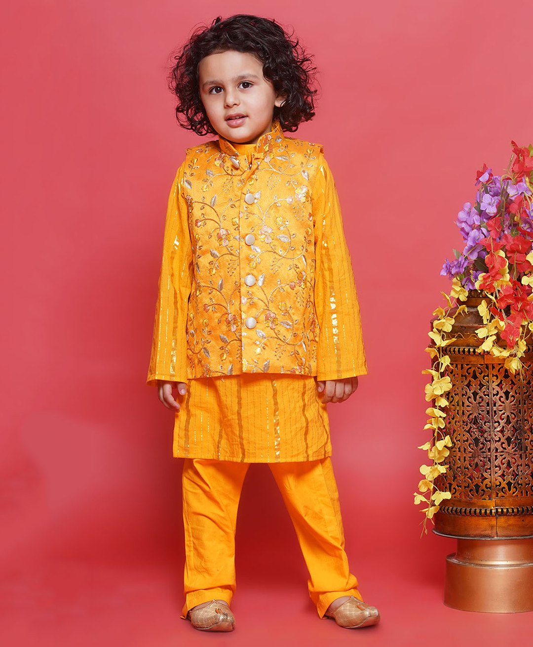 Little Bansi Full Sleeves Striped Foil Printed Kurta With Solid Pyjama & Floral Embroidered Nehru Jacket Set -Yellow-picture-16