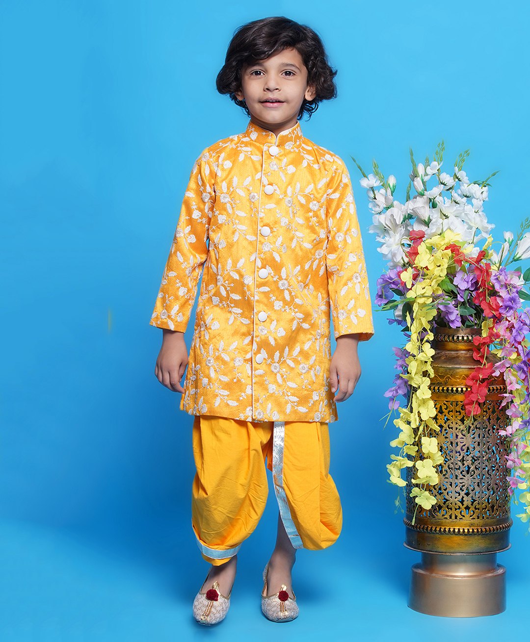 Little Bansi Mulberry Silk Full Sleeves Floral Embroidered Kurta With Foil Lace Embellished Dhoti Set - Yellow-picture-26