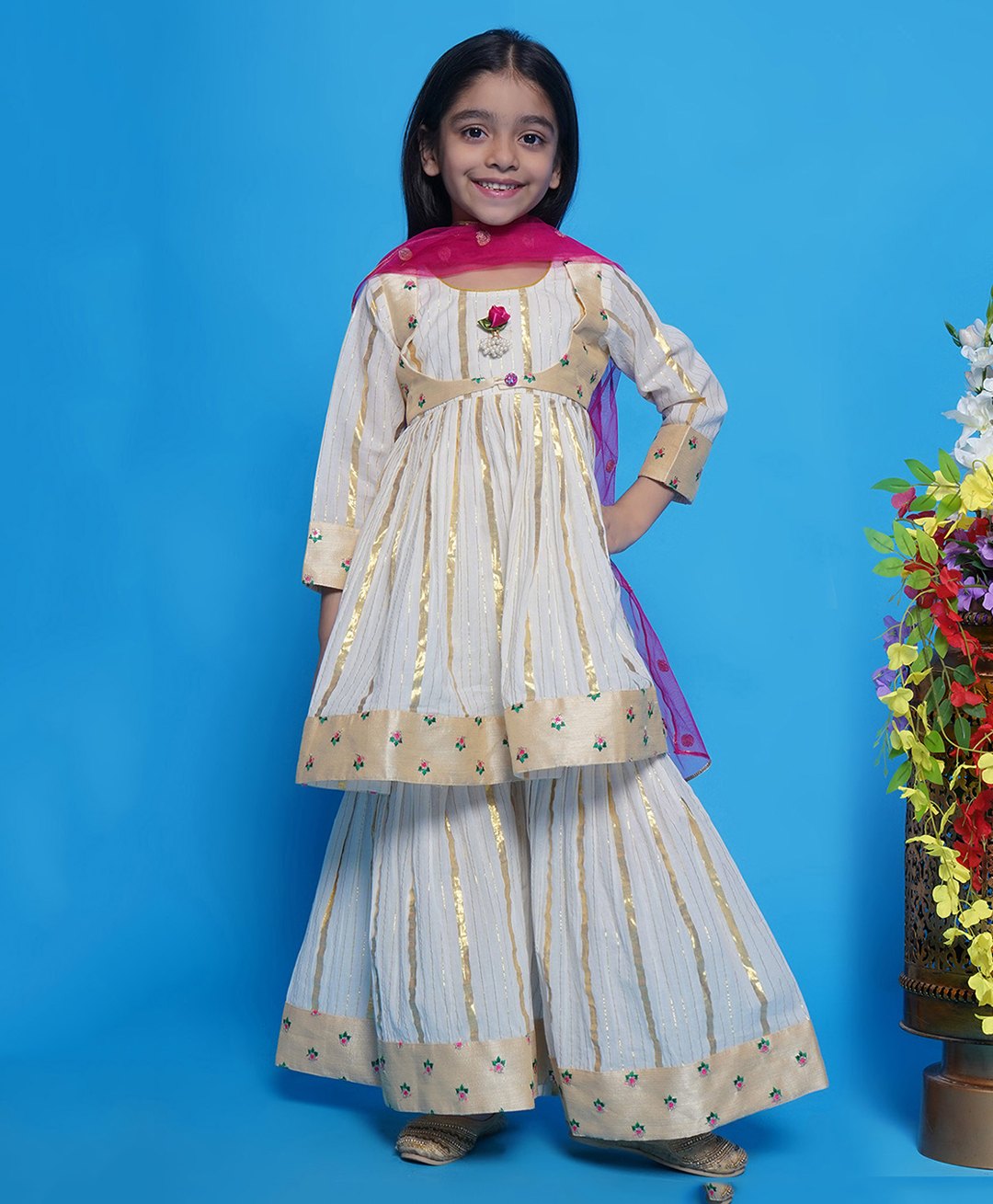 Little Bansi Full Sleeves Striped Foil Printed Kurta With Attached Jacket & Coordinating Sharara & Dupatta Set - Cream-image-9