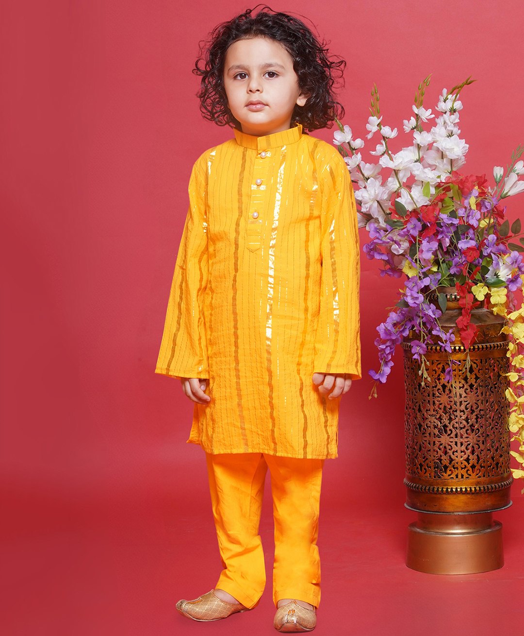 Little Bansi Full Sleeves Striped Foil Printed Kurta With Coordinating Solid Pyjama Set - Yellow-image-5