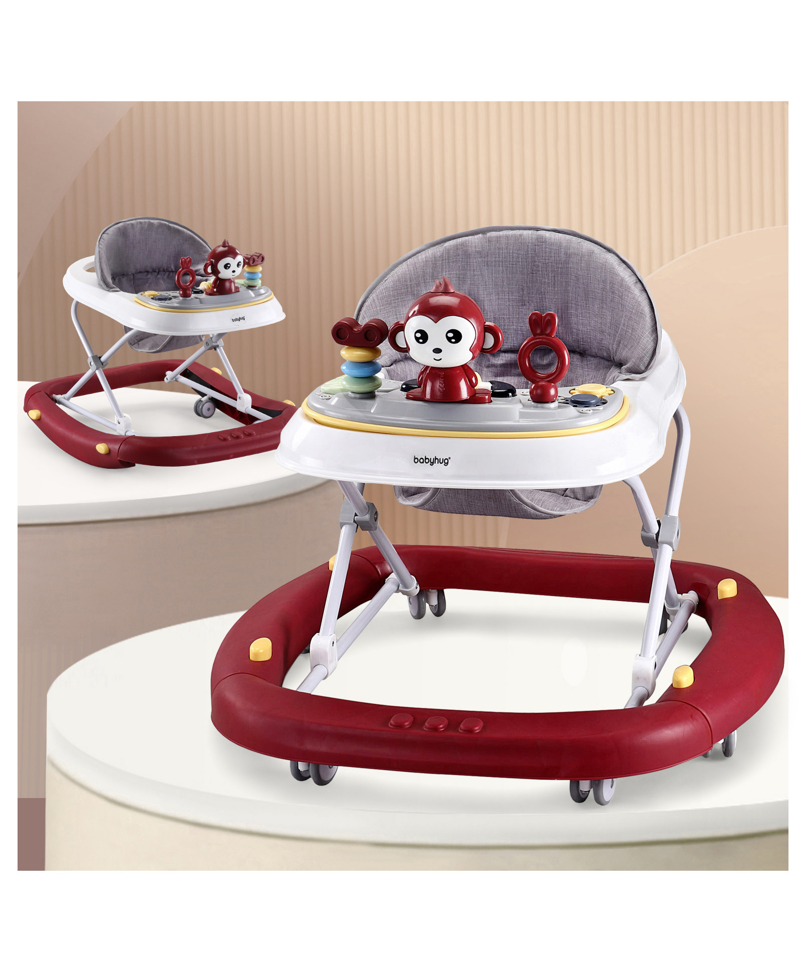 Babyhug 2 In 1 Multifunctional Baby Walker Cum Rocker With 3 Level Height Adjustment Musical Play Tray & Monkey Toy - Dark Red-image-8