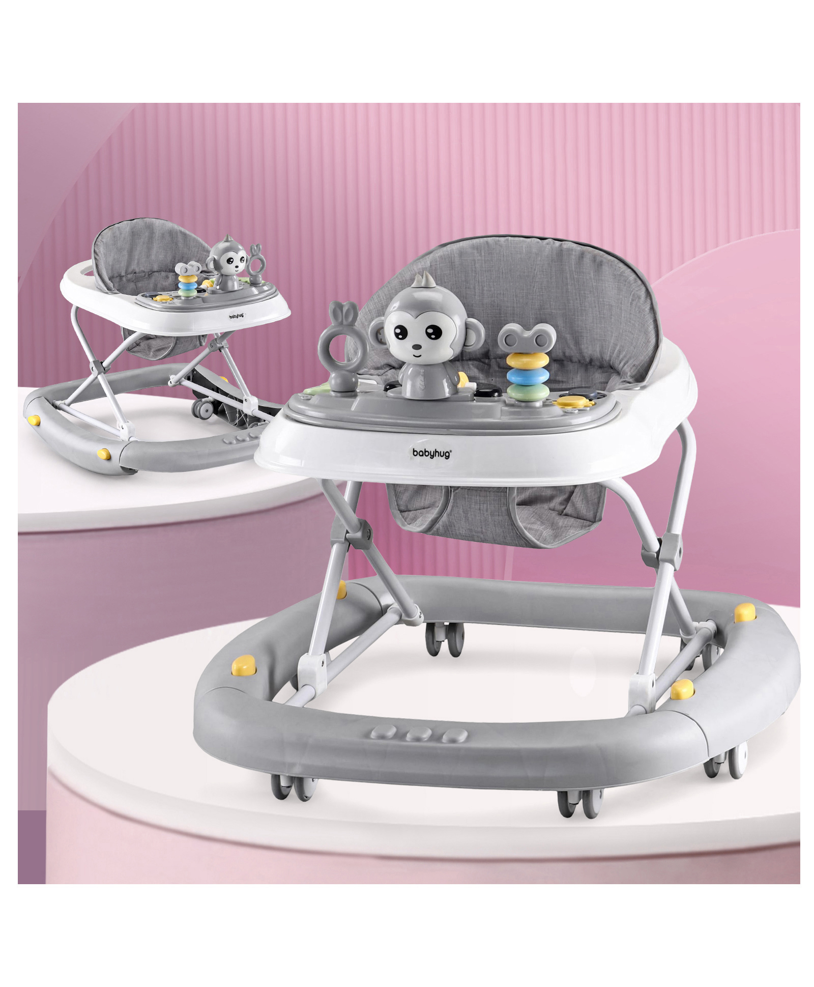 Babyhug 2 In 1 Multifunctional Baby Walker Cum Rocker With 3 Level Height Adjustment Musical Play Tray & Monkey Toy - Grey-image-15