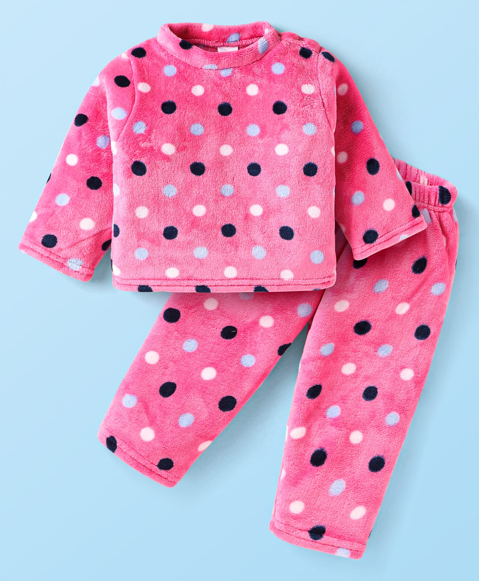 Babyhug Velour Knit Full Sleeves Winter Night Suit With Polka Dot Print - Dark Pink-image-32
