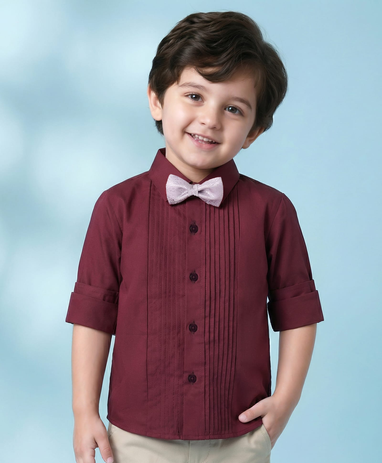 Babyhug Cotton Woven Full Sleeves Solid Pintuck Shirt with Bow - Maroon-image-12