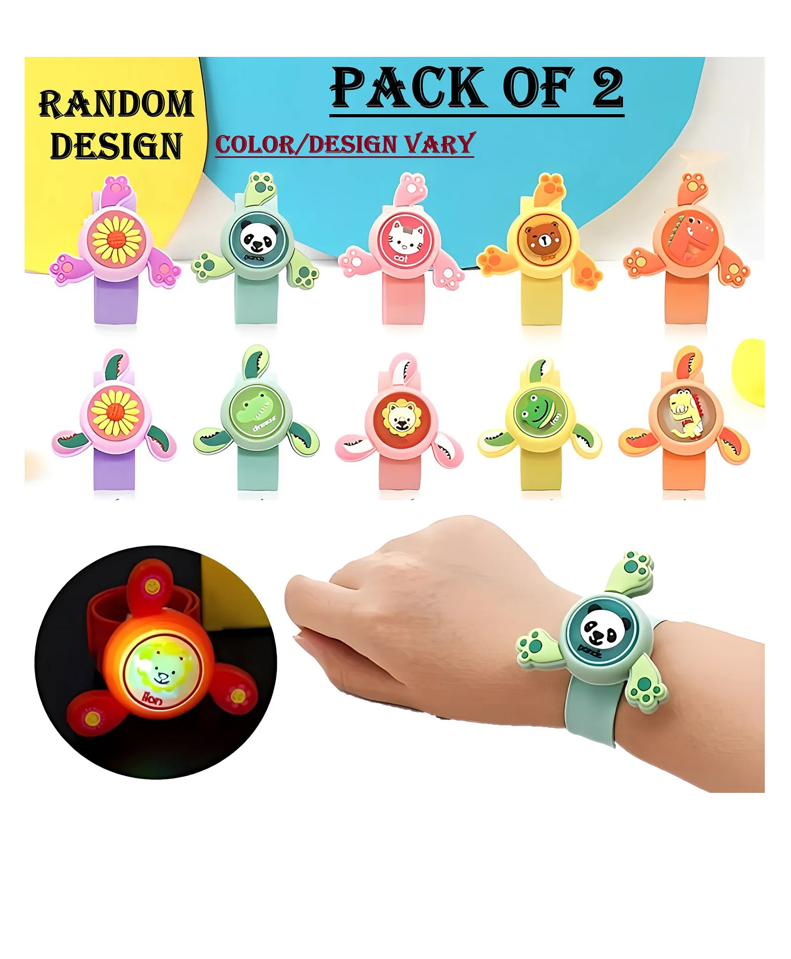 Azhari Cartoon Fidget Spinner Bracelet Wrist Band with LED Light and Silicon Strap for kids Set Of 2 Pc  -Color May Vary