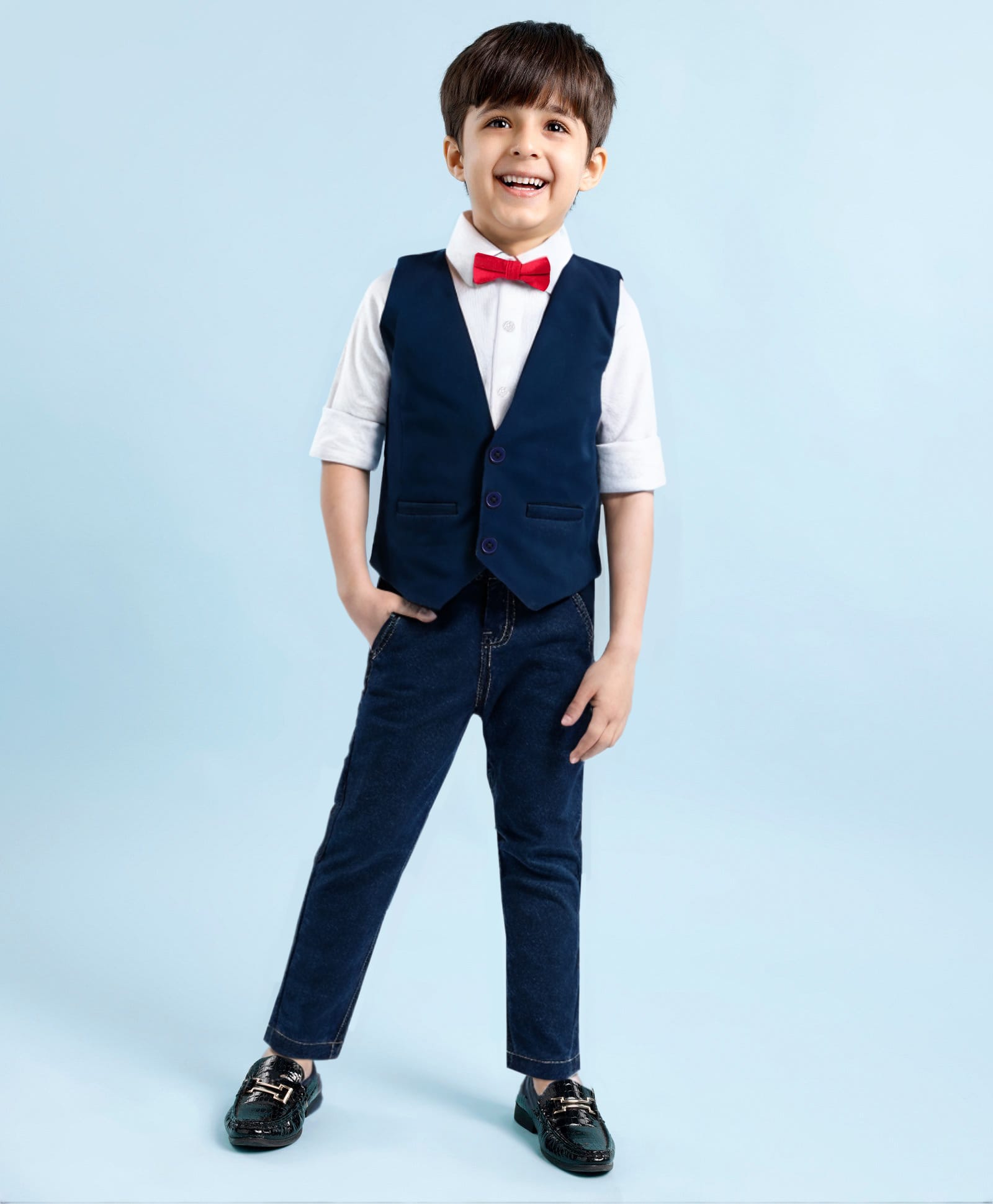 Babyhug Woven Full Sleeves 3 Piece Solid Colour Party Suit With Bow - Navy Blue & White-image-39
