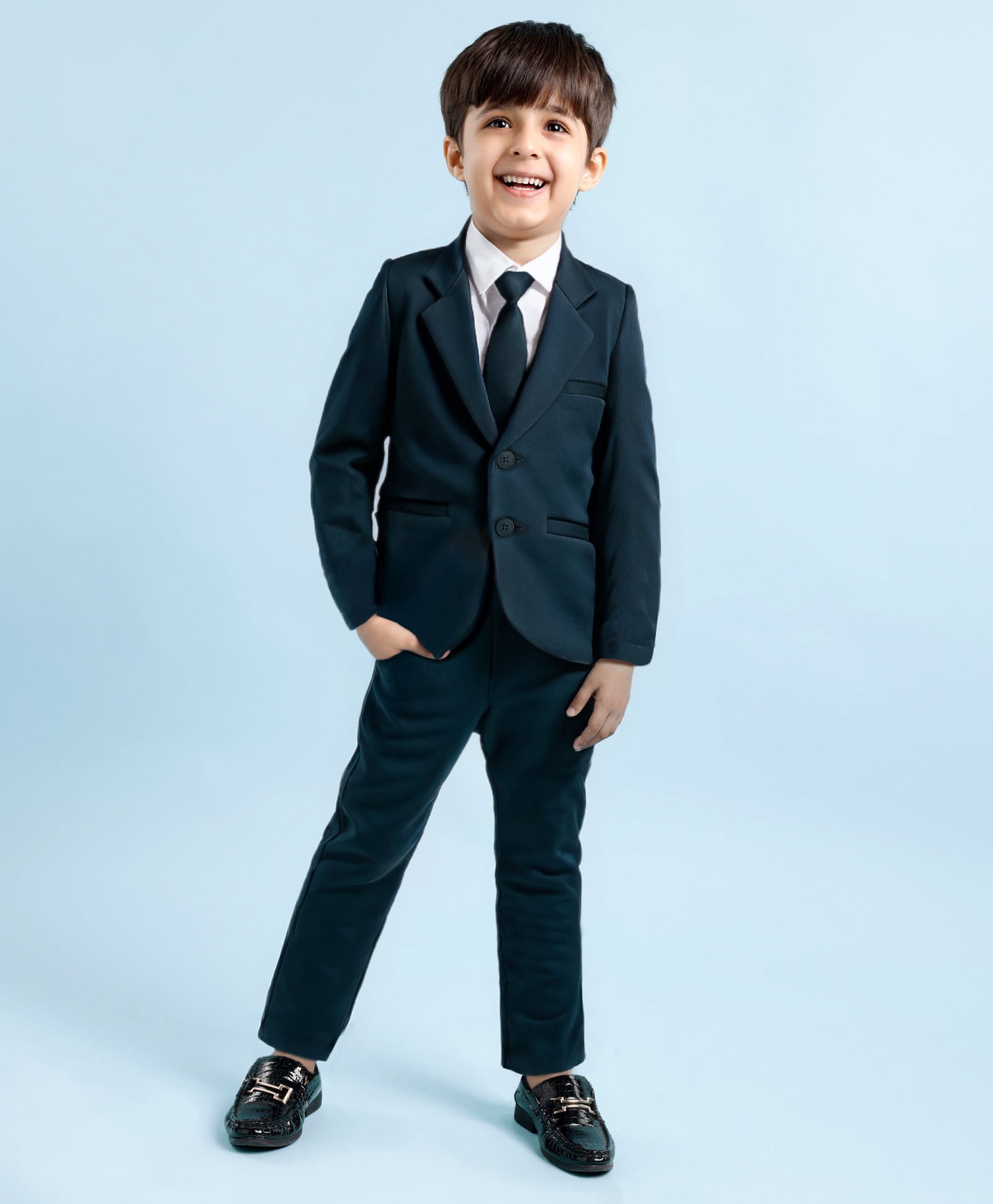 Babyhug Woven Full Sleeves Solid Color 3 Piece Party Suit with Tie - Dark Green-picture-26