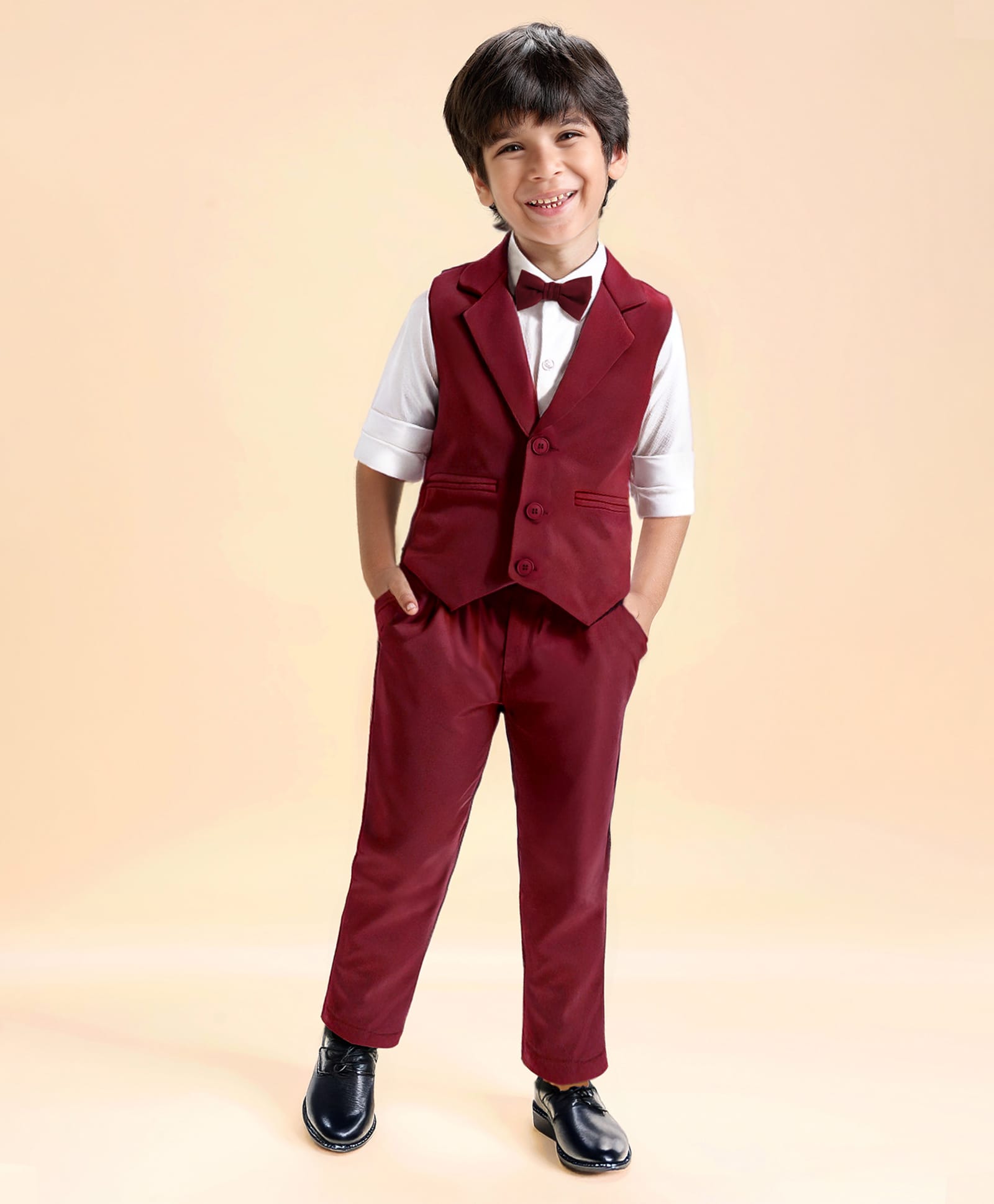 Babyhug Woven Full Sleeves Solid Color 3 Piece Party Suit with Bow - Maroon-picture-25