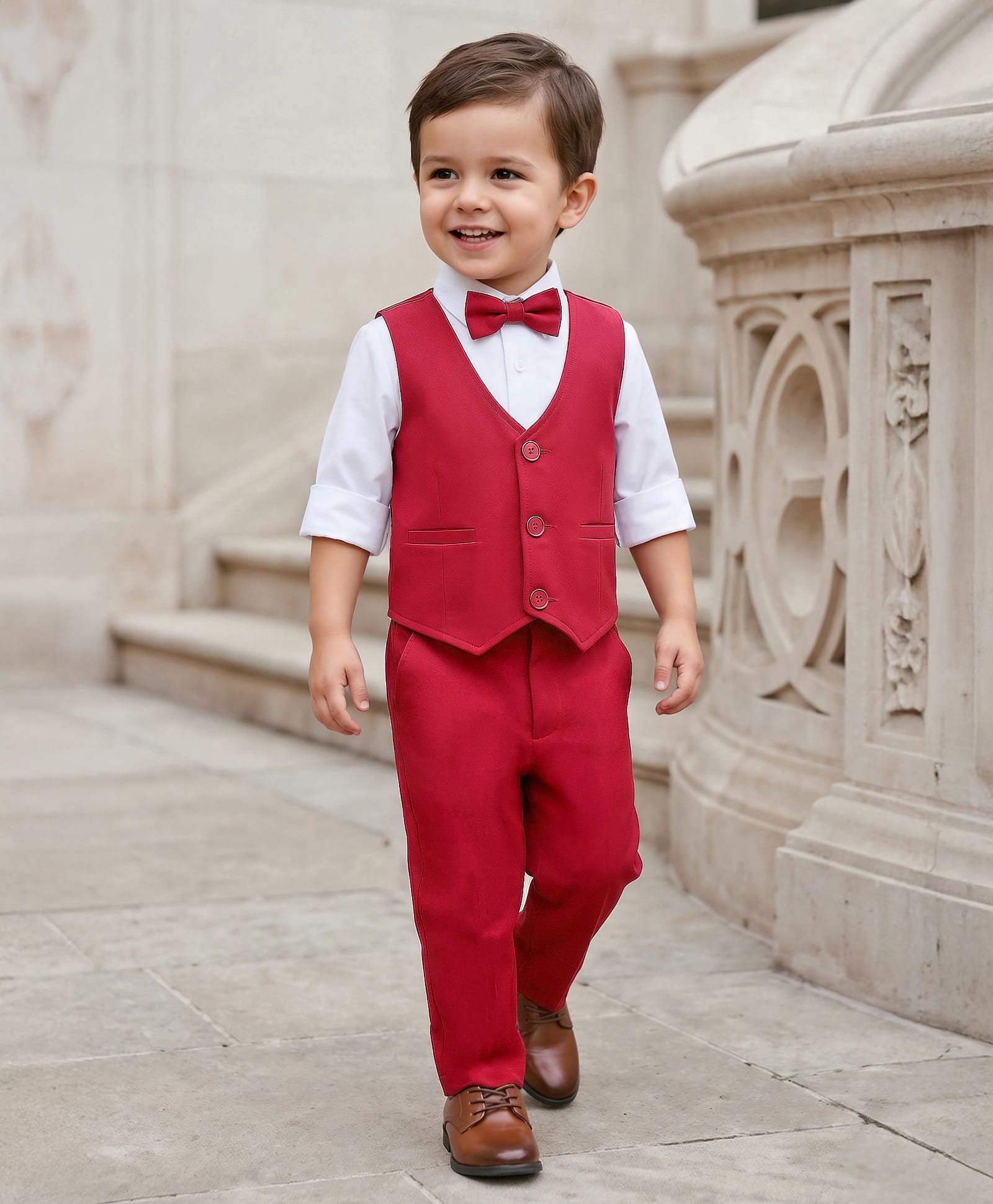 Babyhug Woven Full Sleeves Solid 3 Piece Party Suit With Bow - Red & White-image-45